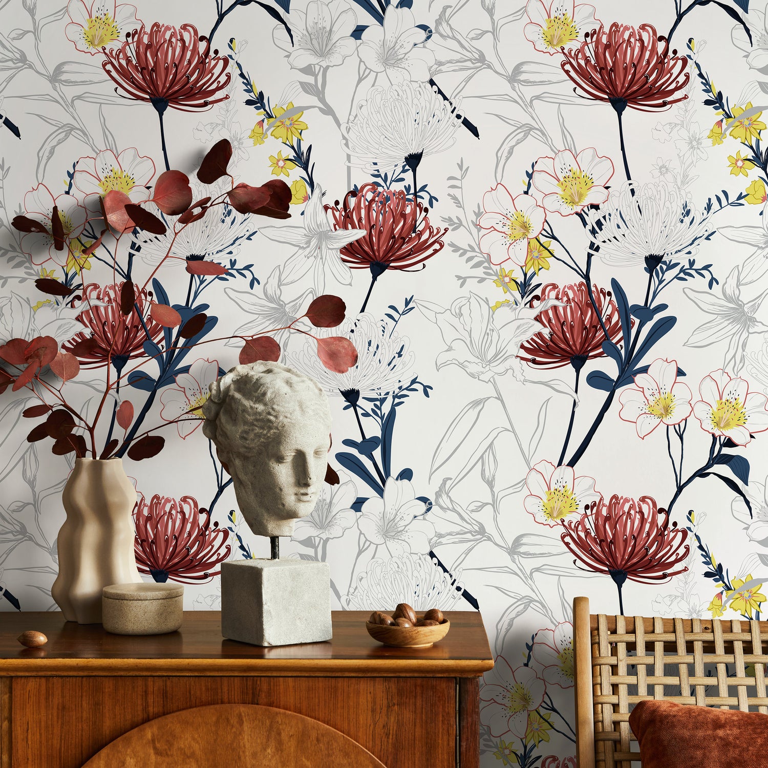 Outline Tropical Flowers Wallpaper - Removable Wallpaper Peel and Stick Wallpaper Wall Paper Wall Mural - B432