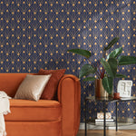 Removable Wallpaper Peel and Stick Wallpaper Wall Paper Wall Mural - Art Deco Blue and Non-Metalic Yellow Gold Color - B495