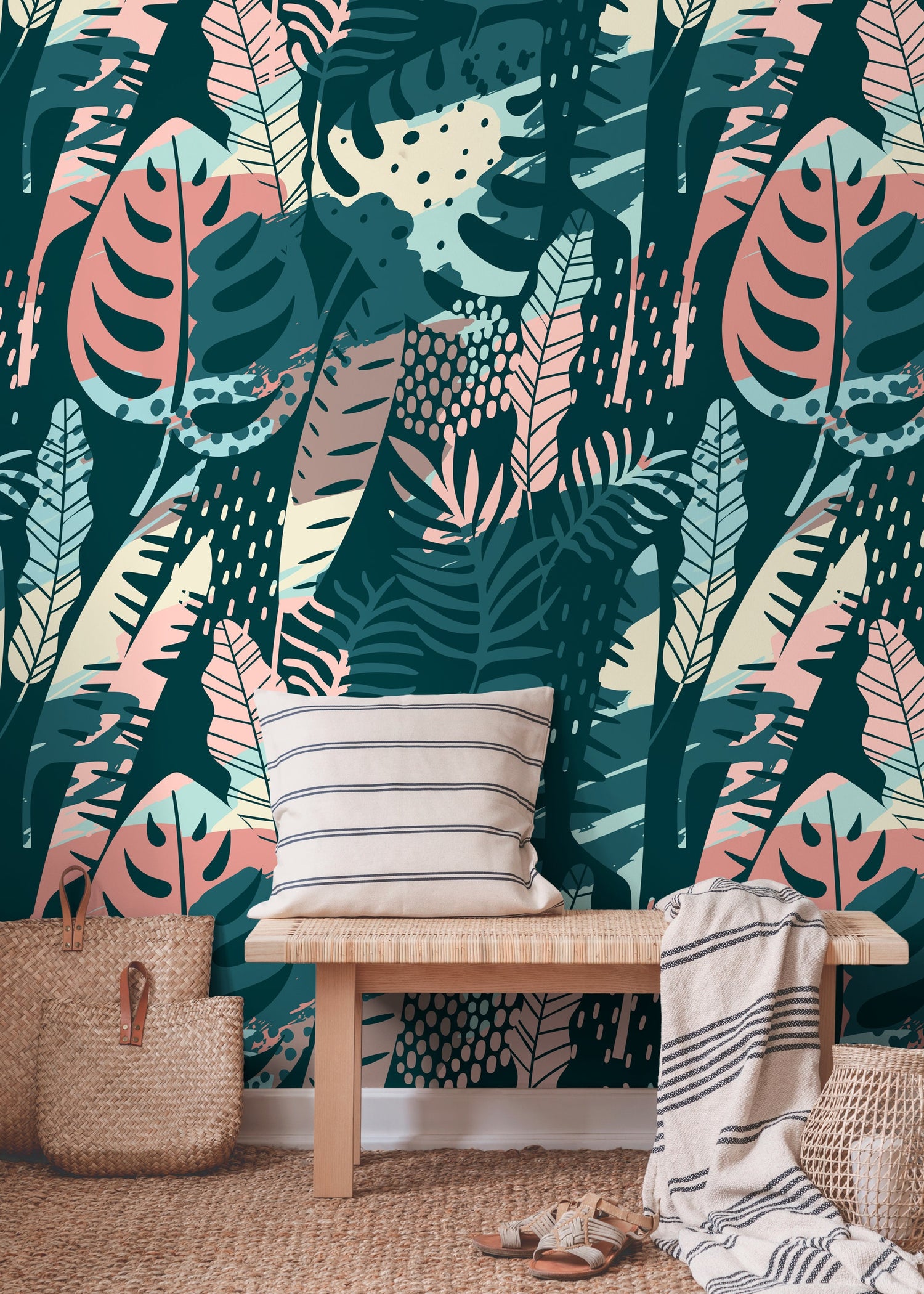 Wallpaper Peel and Stick Wallpaper Removable Wallpaper Home Decor Wall Decor Room Decor / Tropical Abstract Monstera Leaf Wallpaper - A832