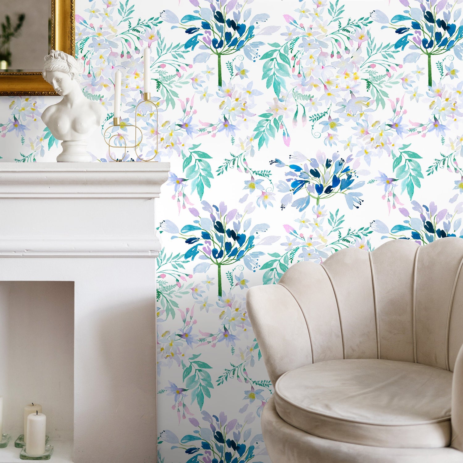 Watercolor Flowers Wallpaper - Removable Wallpaper Peel and Stick Wallpaper Wall Paper Wall Mural - B333