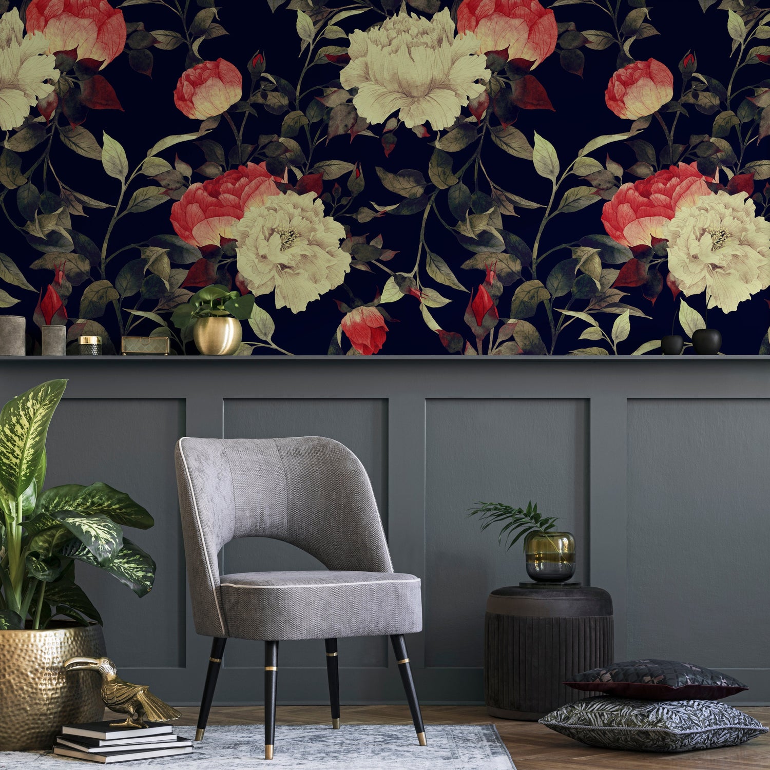 Wallpaper Peel and Stick Wallpaper Removable Wallpaper Home Decor Wall Art Wall Decor Room Decor/ Vintage Dark Floral Roses Wallpaper -B033