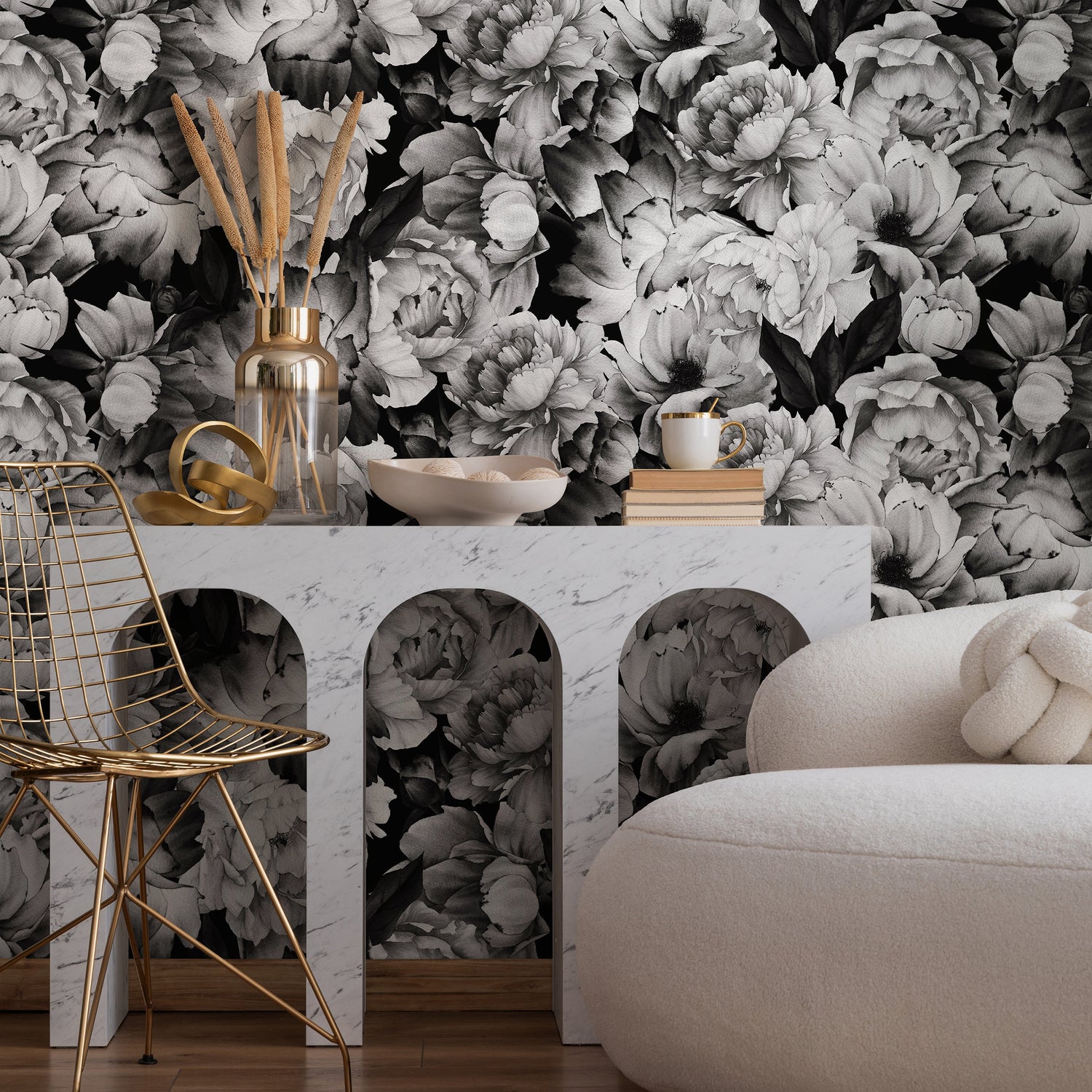 Wallpaper Peel and Stick Wallpaper Removable Wallpaper Home Decor Wall Art Wall Decor Room Decor / Black Vintage Floral Wallpaper - B045