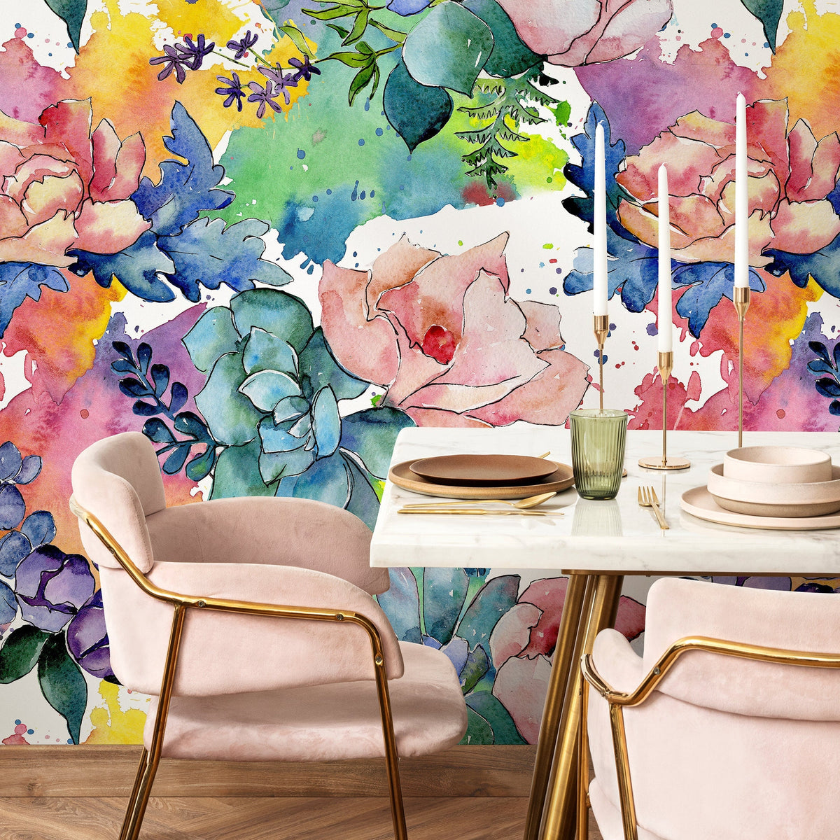 Vibrant Watercolor Floral Wallpaper - B064