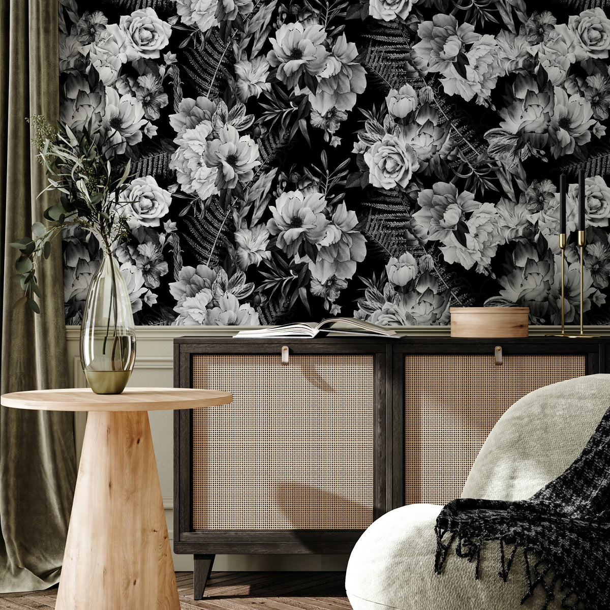 Monochrome Floral Elegance Wallpaper - B099