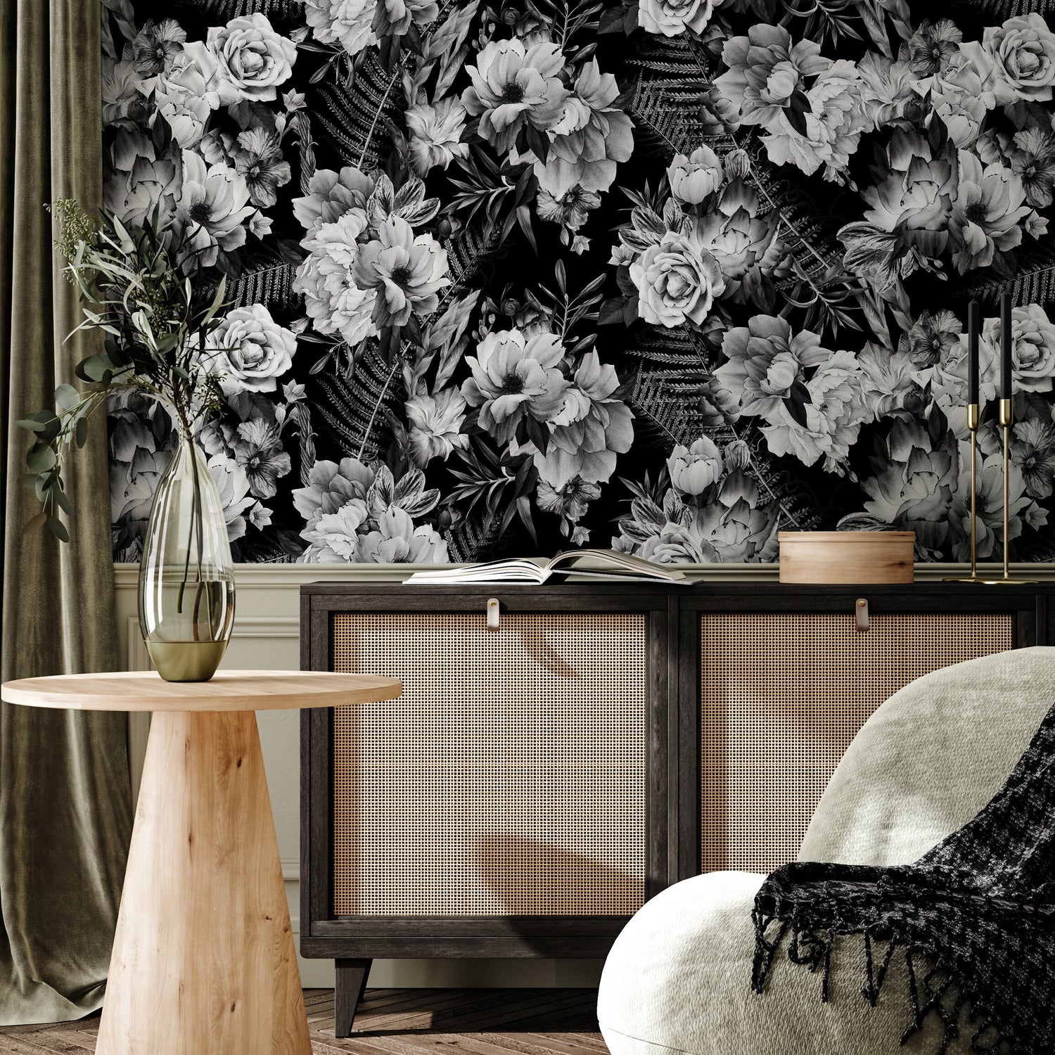 Monochrome Floral Elegance Wallpaper - B099