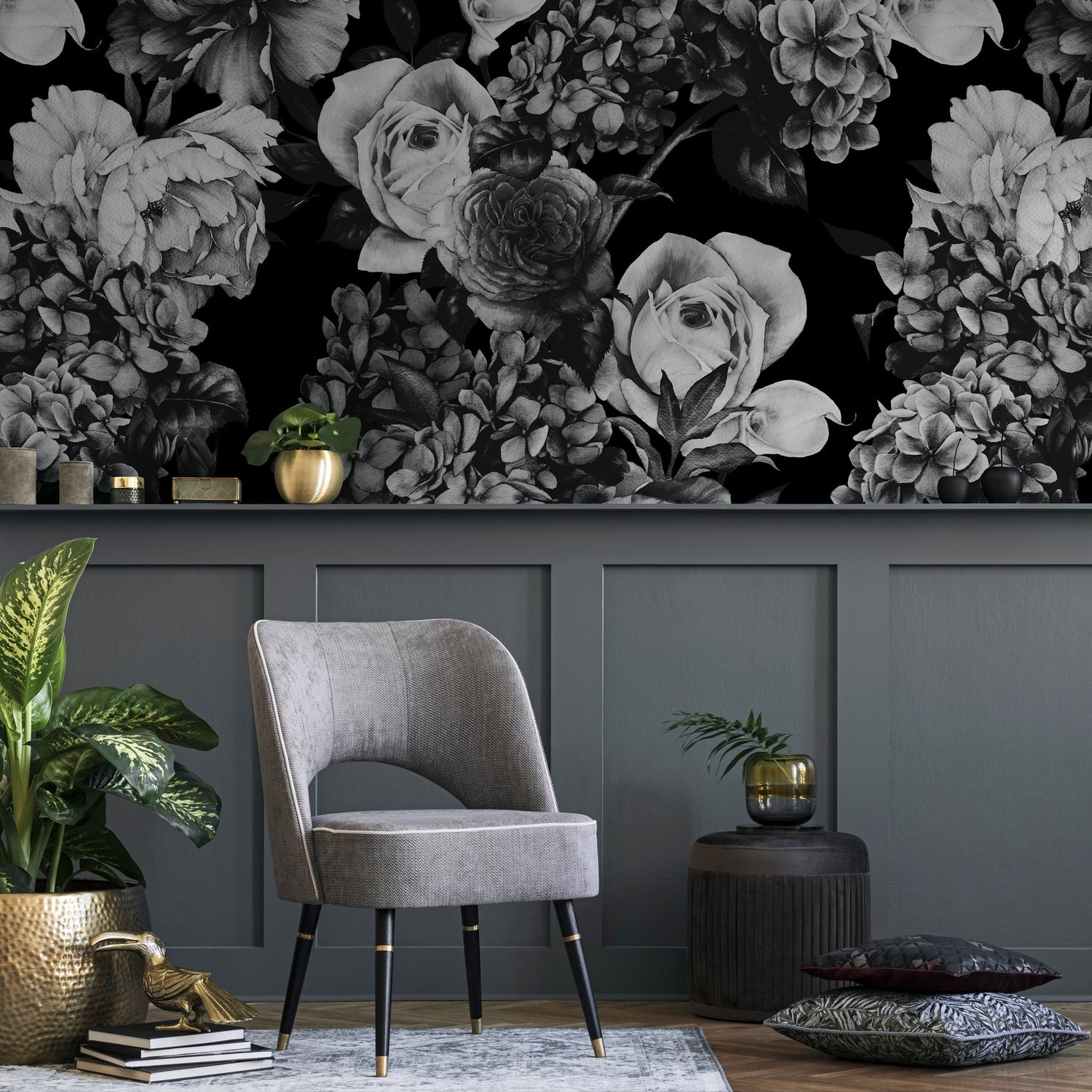 Monochrome Floral Bouquet Wallpaper - B163