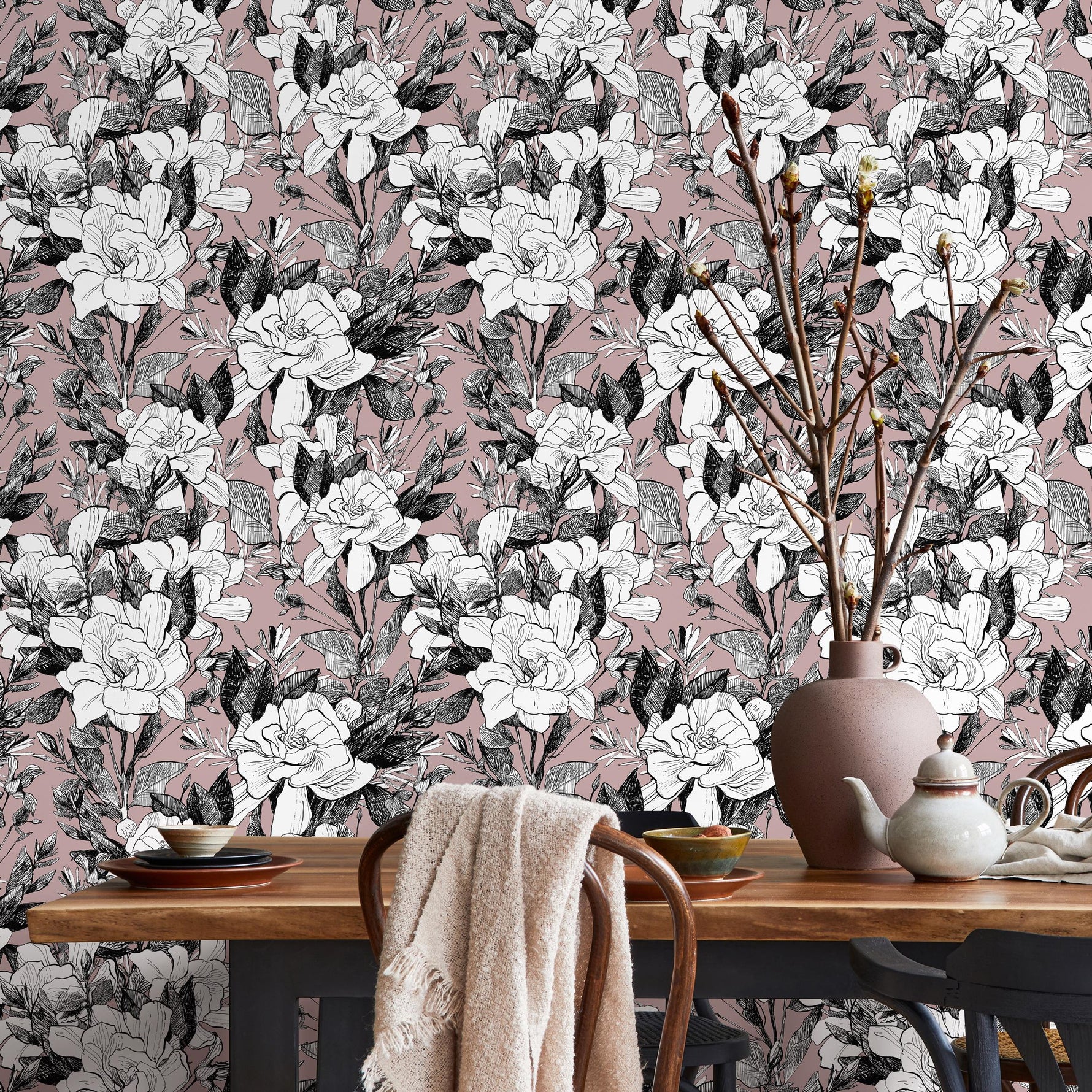 Self-adhesive Removable Wallpaper, Floral Wallpaper, Peel and Stick Fabric Wallpaper, Custom Design Wall Mural, Wallpaper - B648