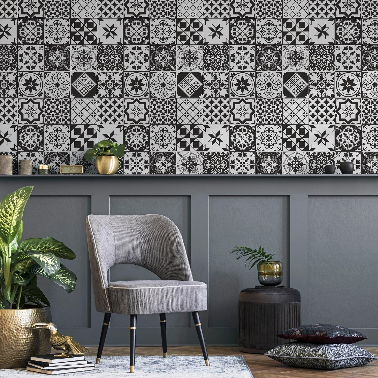 Wallpaper Peel and Stick Wallpaper Removable Wallpaper Home Decor Wall Art Wall Decor Room Decor / Black and White Tile Wallpaper - B727