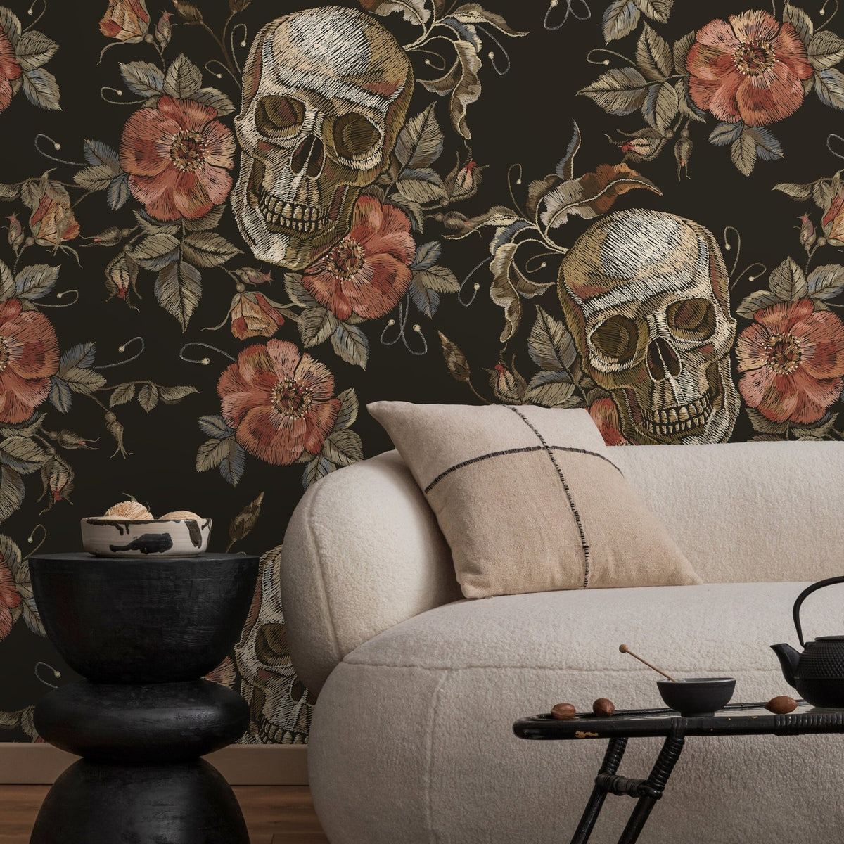 Large Skull Wallpaper Dark Roses Wallpaper Peel and Stick and Traditional Wallpaper - D890 - WallTrend