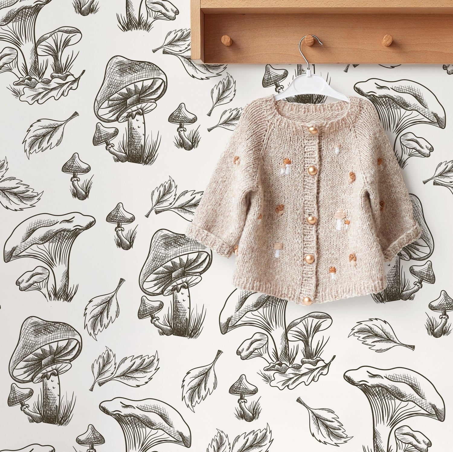 Leaf and Mushroom Wallpaper Hand drawing Wallpaper Peel and Stick and Traditional Wallpaper - D819 - WallTrend