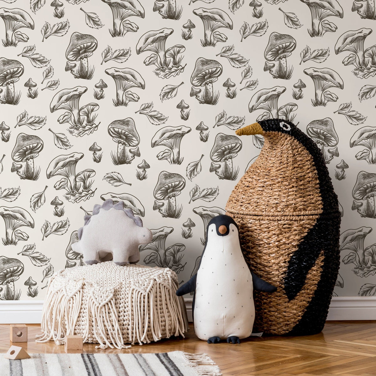 Leaf and Mushroom Wallpaper Hand drawing Wallpaper Peel and Stick and Traditional Wallpaper - D819 - WallTrend