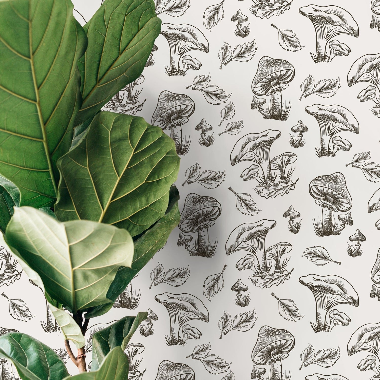 Leaf and Mushroom Wallpaper Hand drawing Wallpaper Peel and Stick and Traditional Wallpaper - D819 - WallTrend