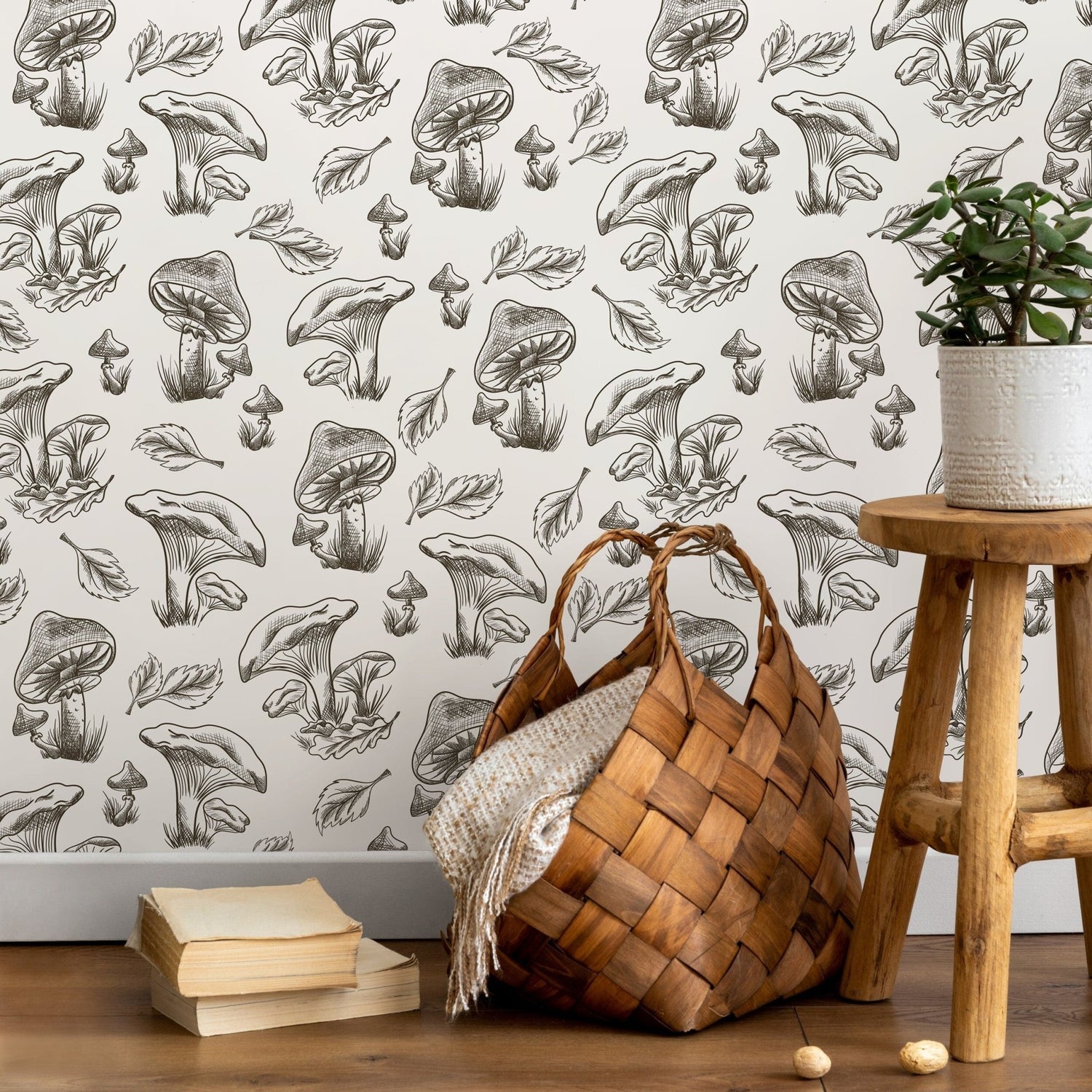Leaf and Mushroom Wallpaper Hand drawing Wallpaper Peel and Stick and Traditional Wallpaper - D819 - WallTrend