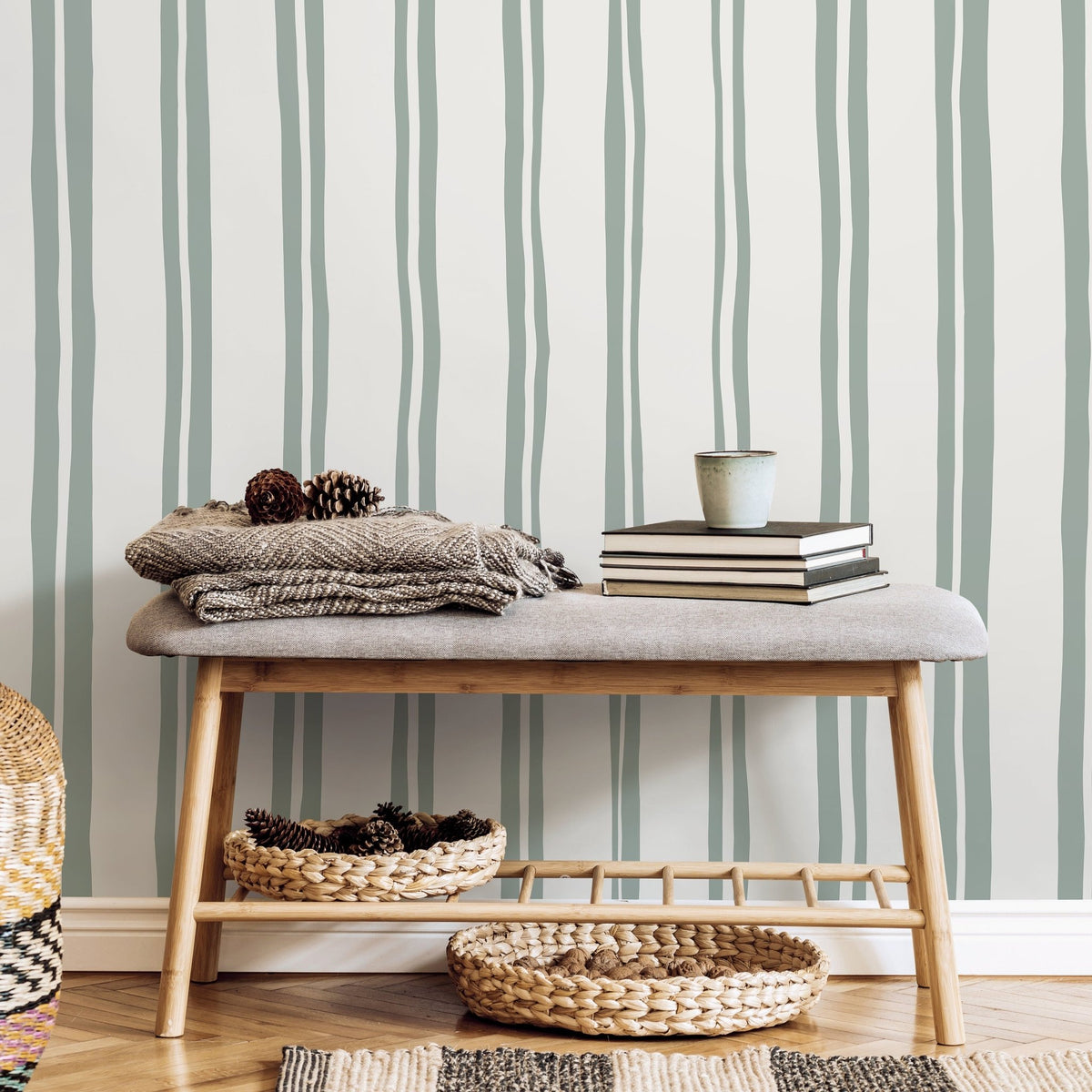 Light Green Lines Wallpaper Boho Striped Wallpaper Peel and Stick and Traditional Wallpaper - D764 - WallTrend