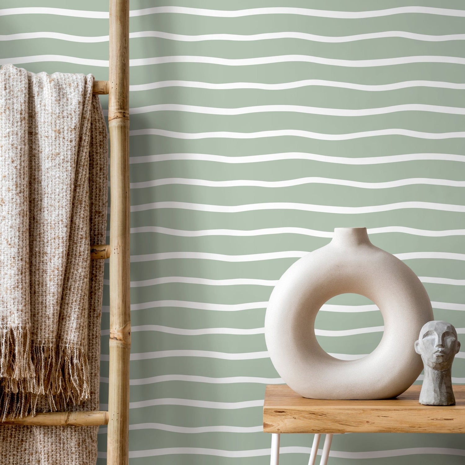 Light Green Minimalist Lines Wallpaper Boho Wallpaper Peel and Stick and Traditional Wallpaper - D747 - WallTrend