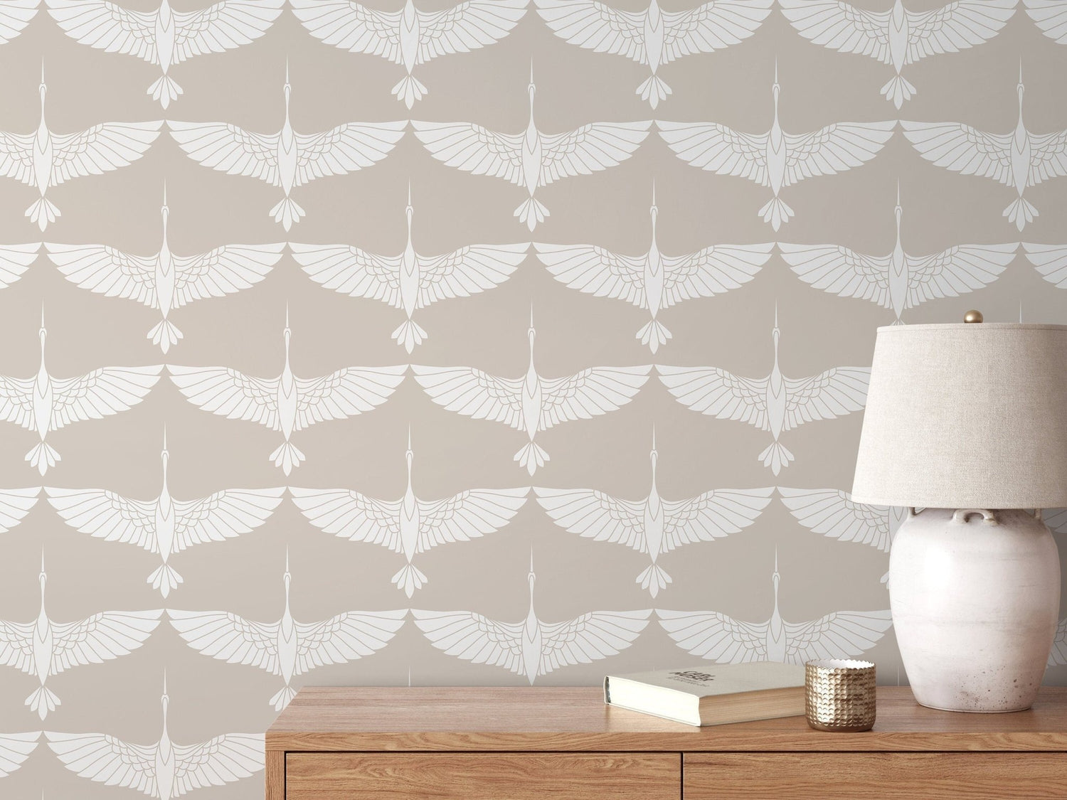 Mid Century Cranes Wallpaper Art Deco Swans Cream Wallpaper / Peel and Stick Wallpaper Removable Wallpaper Home Decor Wall Art - D085 - WallTrend