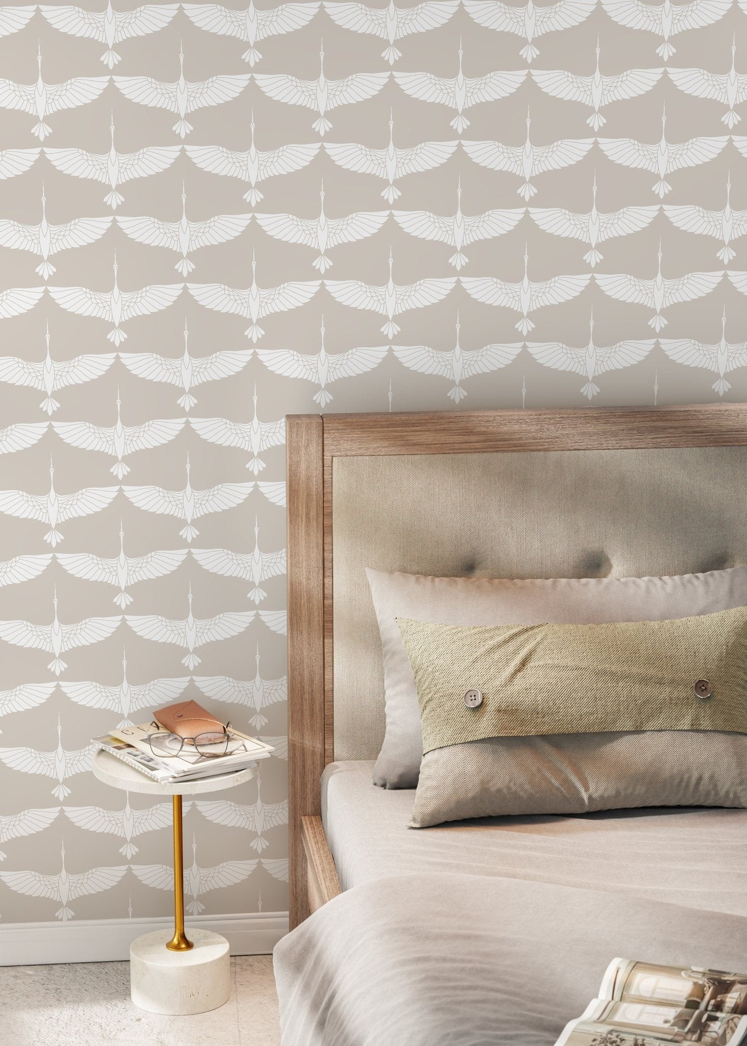 Mid Century Cranes Wallpaper Art Deco Swans Cream Wallpaper / Peel and Stick Wallpaper Removable Wallpaper Home Decor Wall Art - D085 - WallTrend
