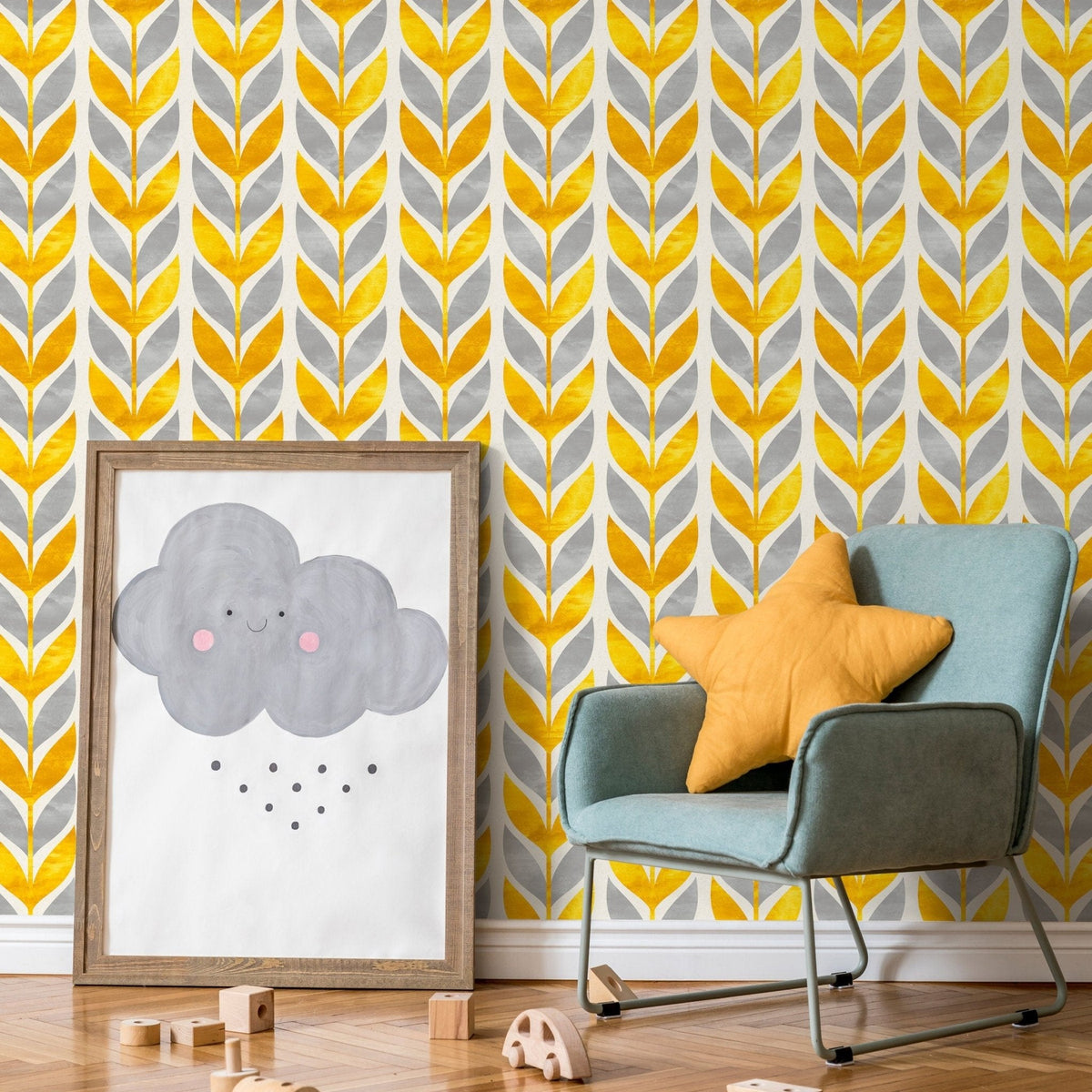 Modern Yellow and Grey Botanical Wallpaper - A179 - WallTrend