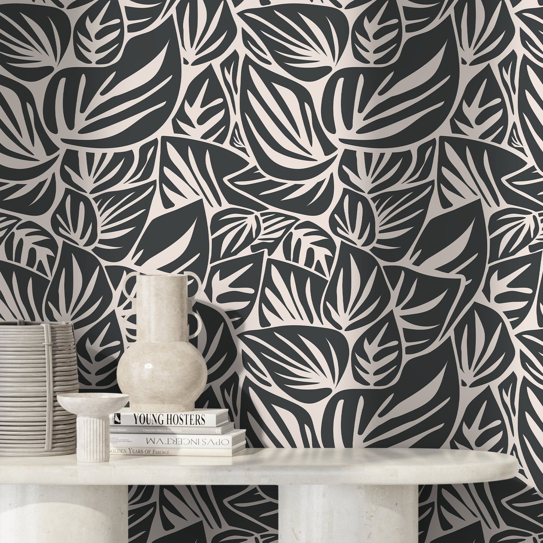 Monochrome Botanical Leaf Wallpaper - D649 - WallTrend