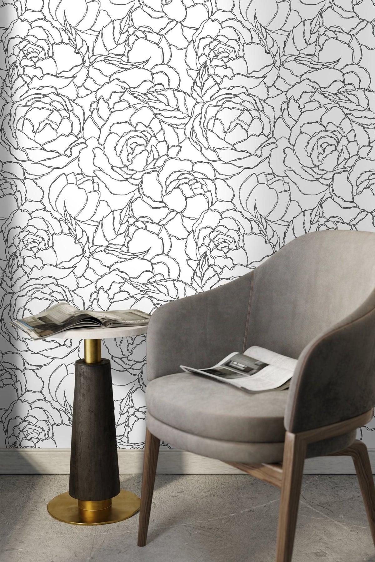 Monochrome Floral Contour Wallpaper - C872 - WallTrend