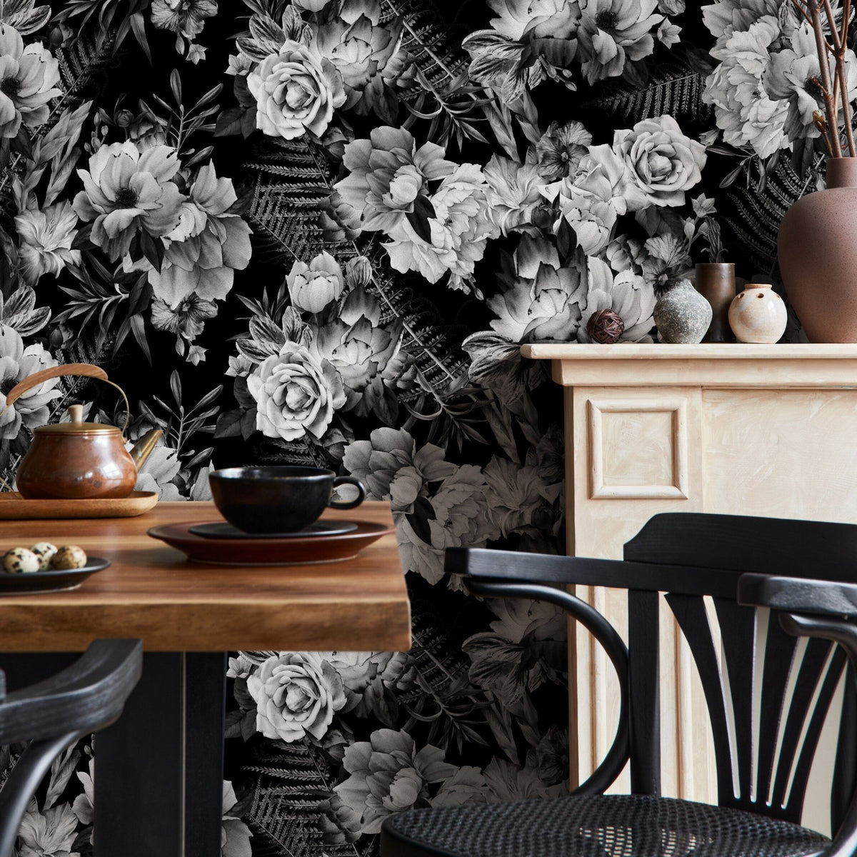 Monochrome Floral Elegance Wallpaper - B099 - WallTrend