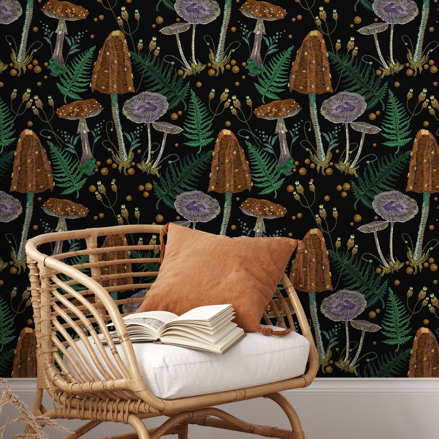 Mushroom Garden Wallpaper Dark Floral Wallpaper Peel and Stick and Traditional Wallpaper - D814 - WallTrend