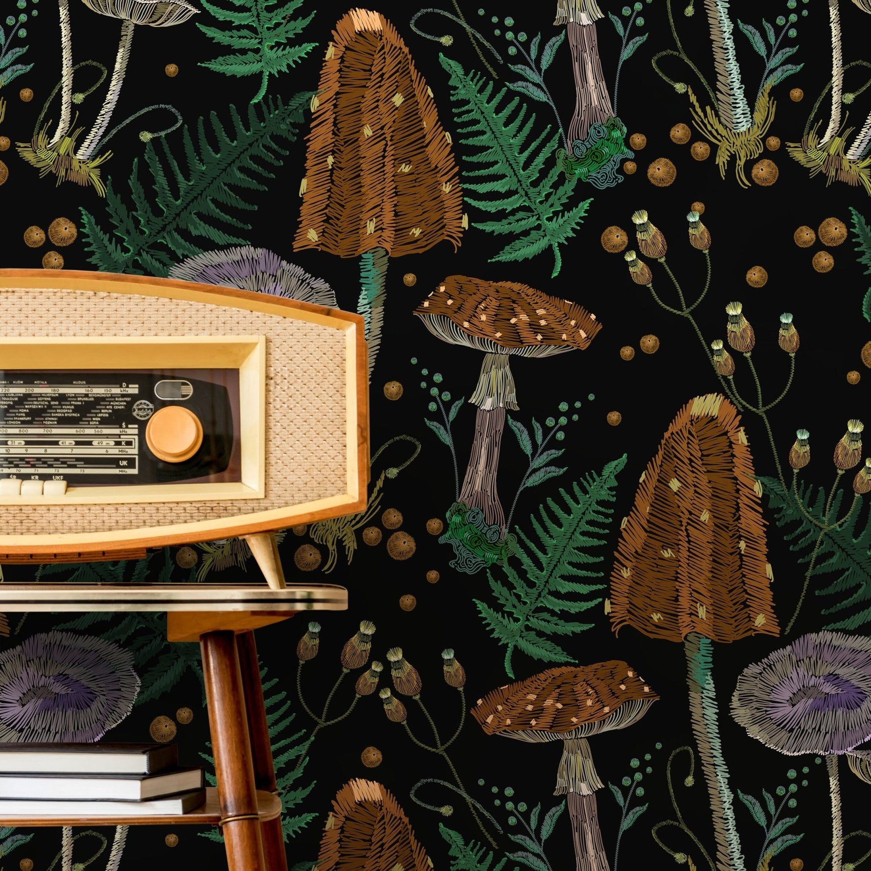 Mushroom Garden Wallpaper Dark Floral Wallpaper Peel and Stick and Traditional Wallpaper - D814 - WallTrend
