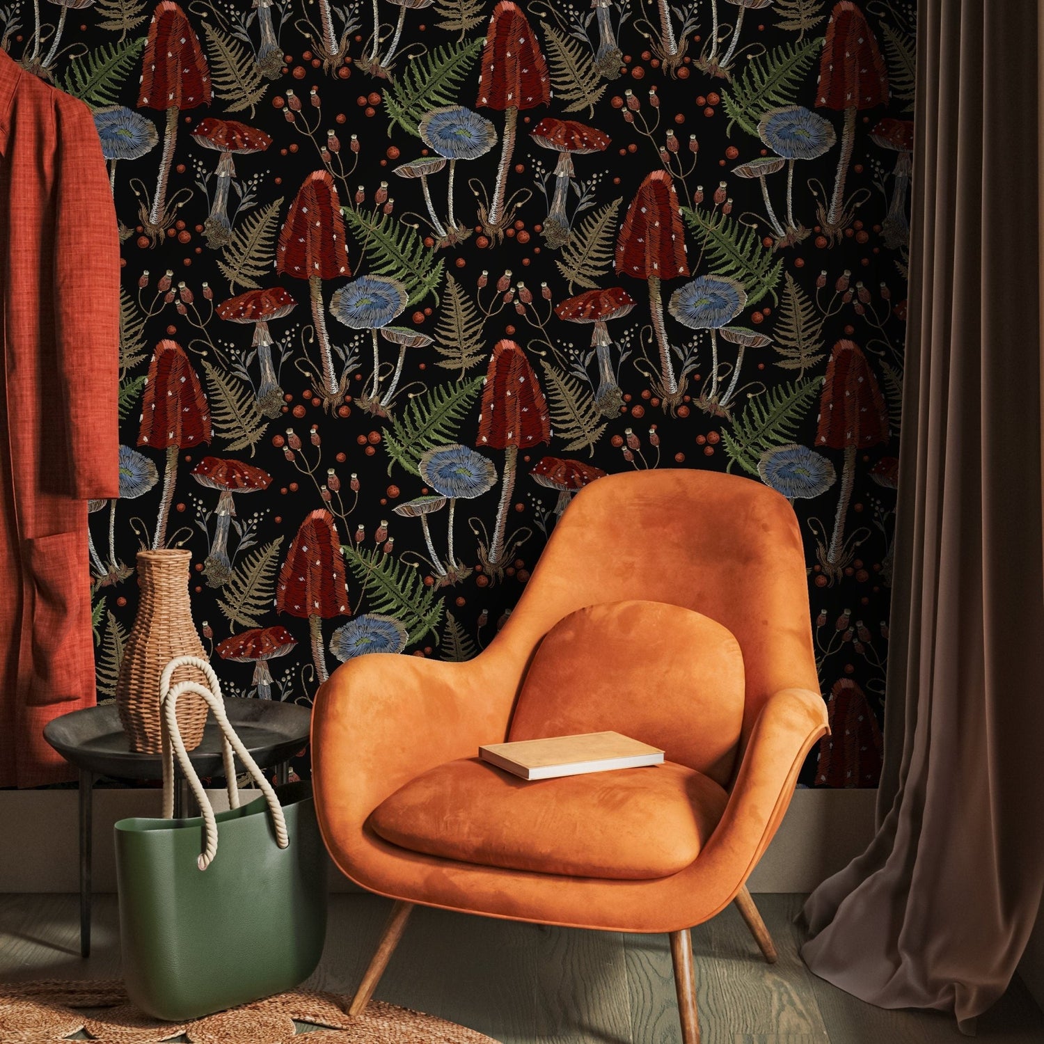 Mushroom Wallpaper Dark Floral Wallpaper Peel and Stick and Traditional Wallpaper - D813 - WallTrend
