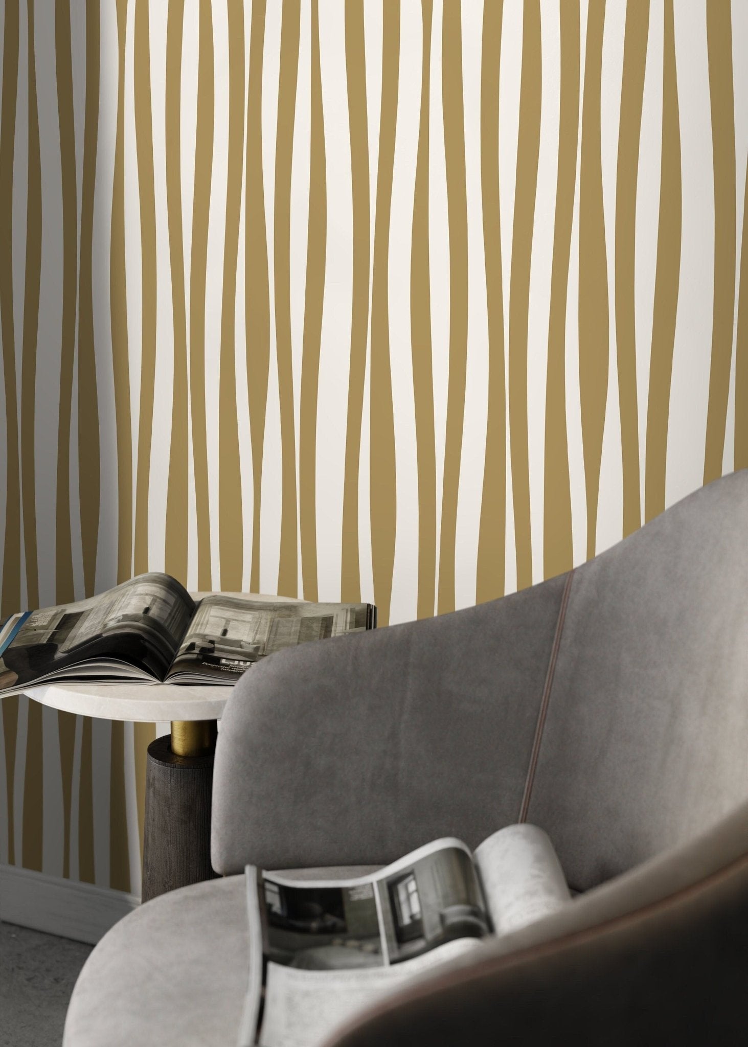 Mustard Abstract Striped Wallpaper / Peel and Stick Wallpaper Removable Wallpaper Home Decor Wall Art Wall Decor Room Decor - D486 - WallTrend