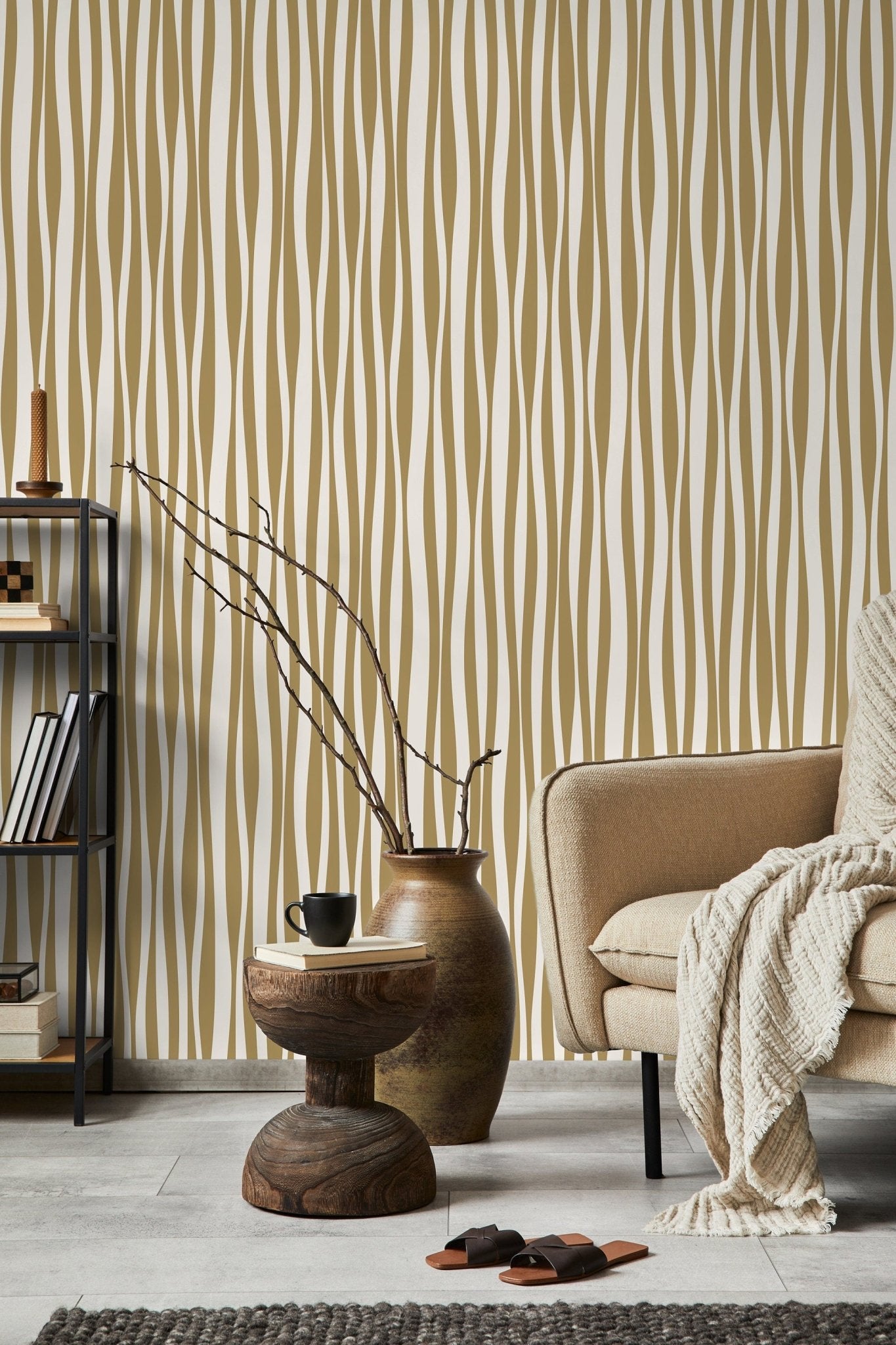Mustard Abstract Striped Wallpaper / Peel and Stick Wallpaper Removable Wallpaper Home Decor Wall Art Wall Decor Room Decor - D486 - WallTrend