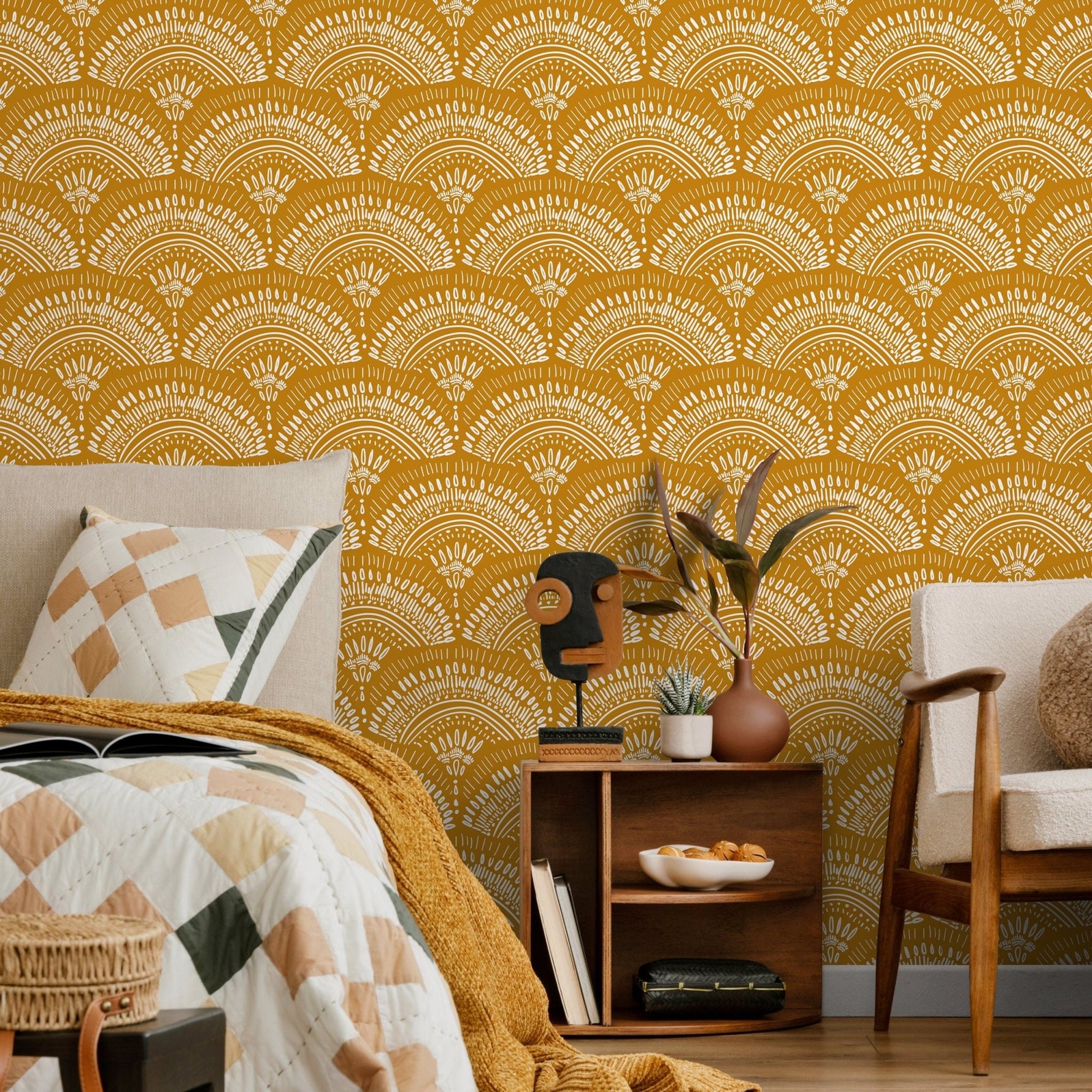Mustard Arches Boho Wallpaper Peel and Stick and Traditional Wallpaper - B767 - WallTrend