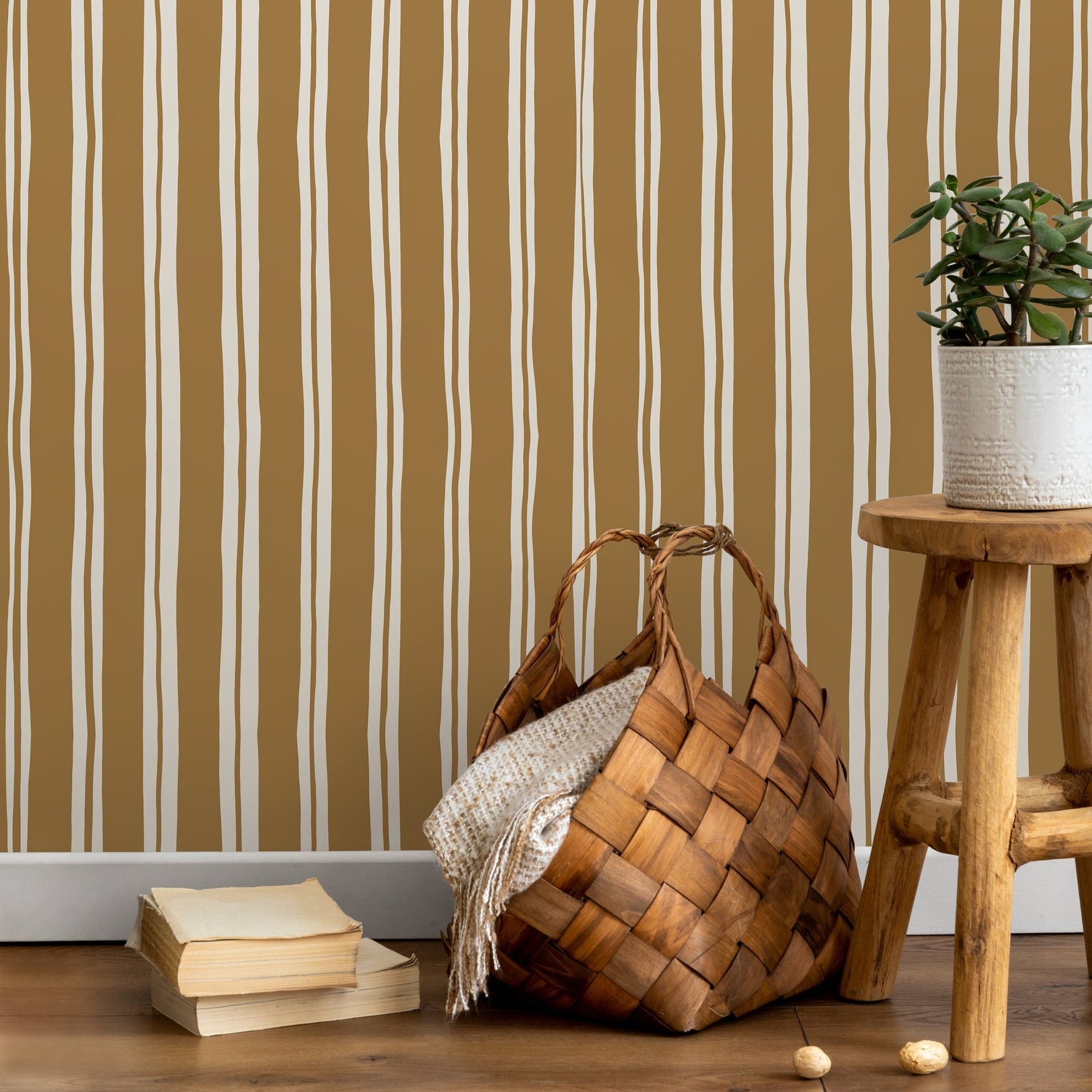 Mustard Lines Wallpaper Striped Wallpaper Peel and Stick and Traditional Wallpaper - D767 - WallTrend