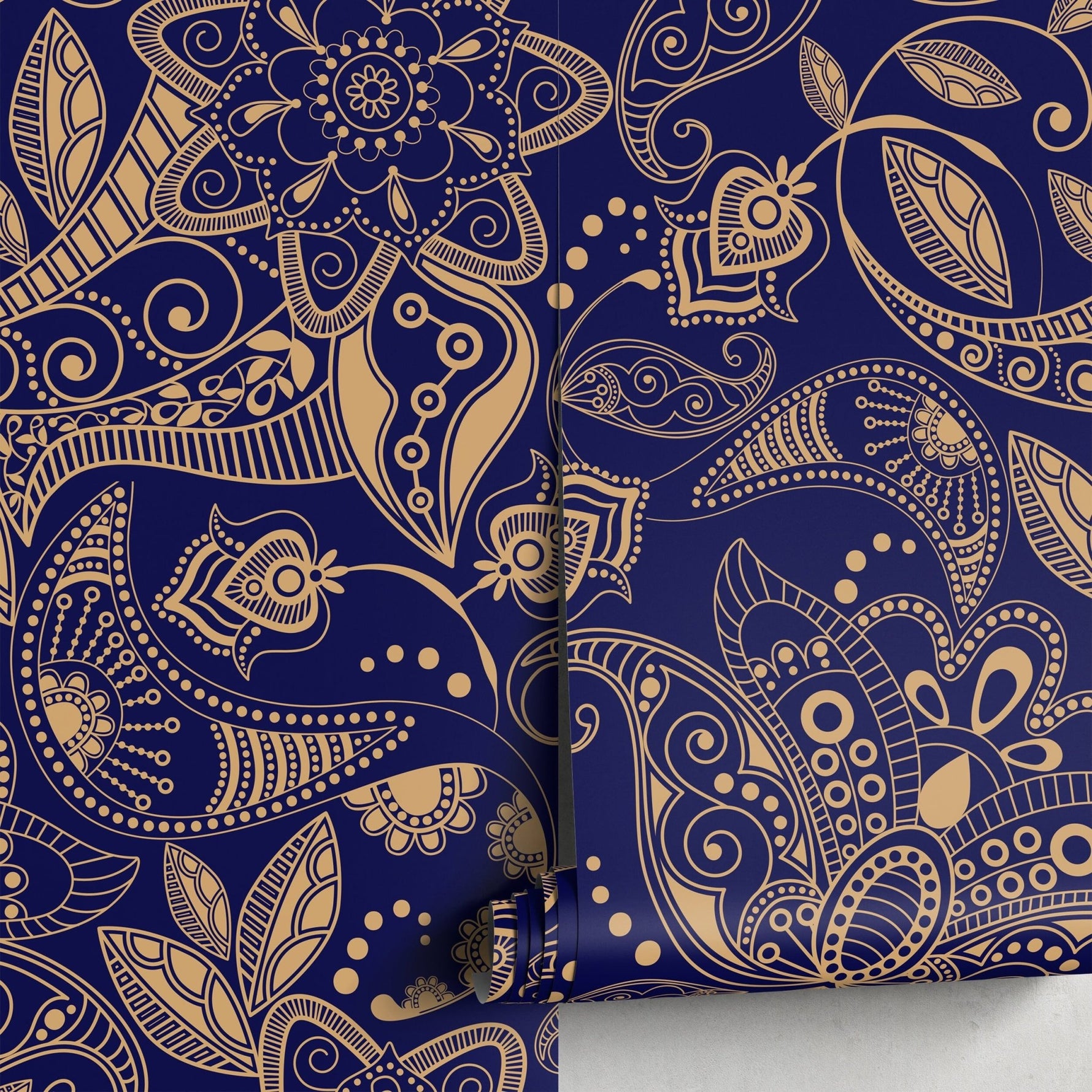 Navy and Gold Paisley Wallpaper - A898 - WallTrend