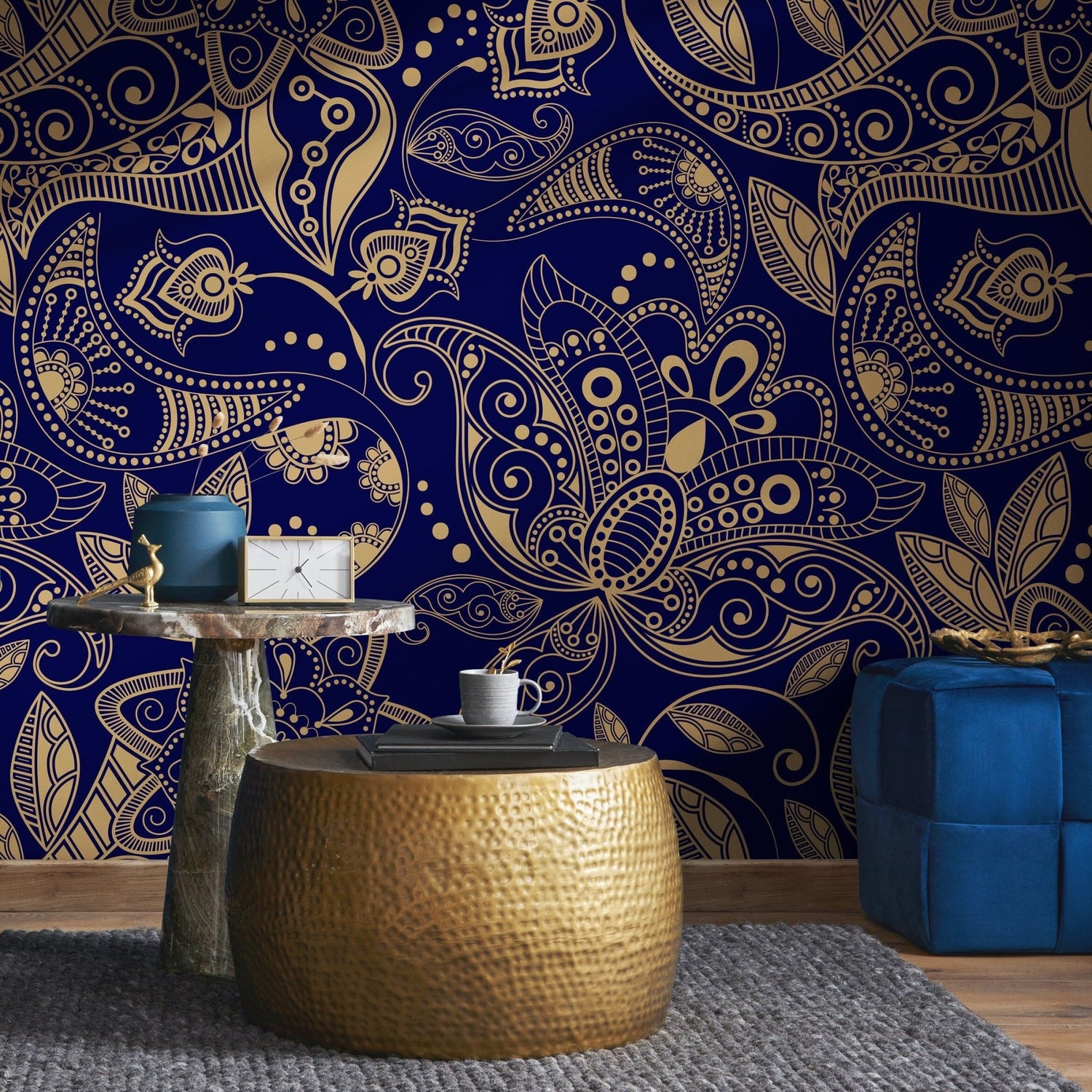 Navy and Gold Paisley Wallpaper - A898 - WallTrend