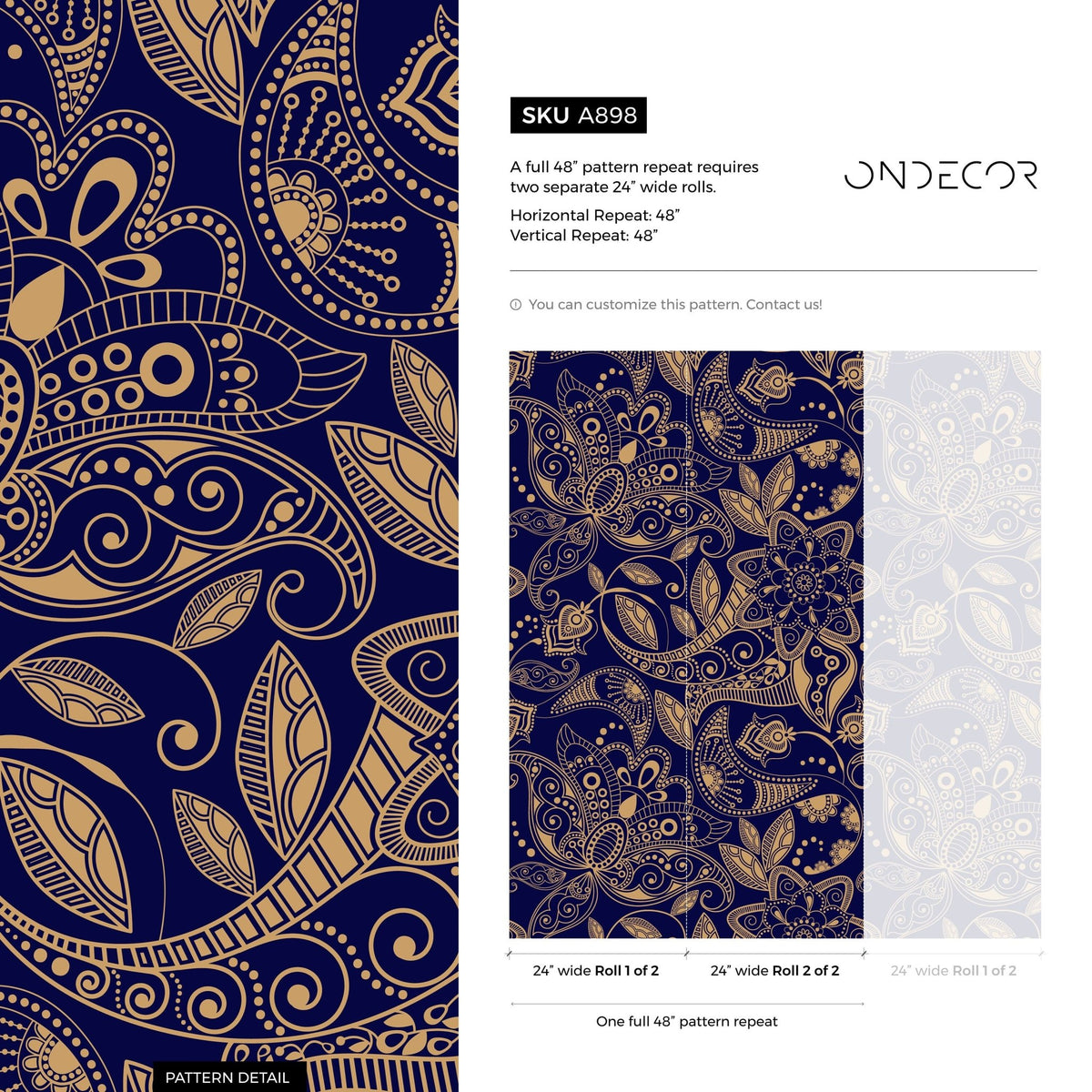 Navy and Gold Paisley Wallpaper - A898 - WallTrend