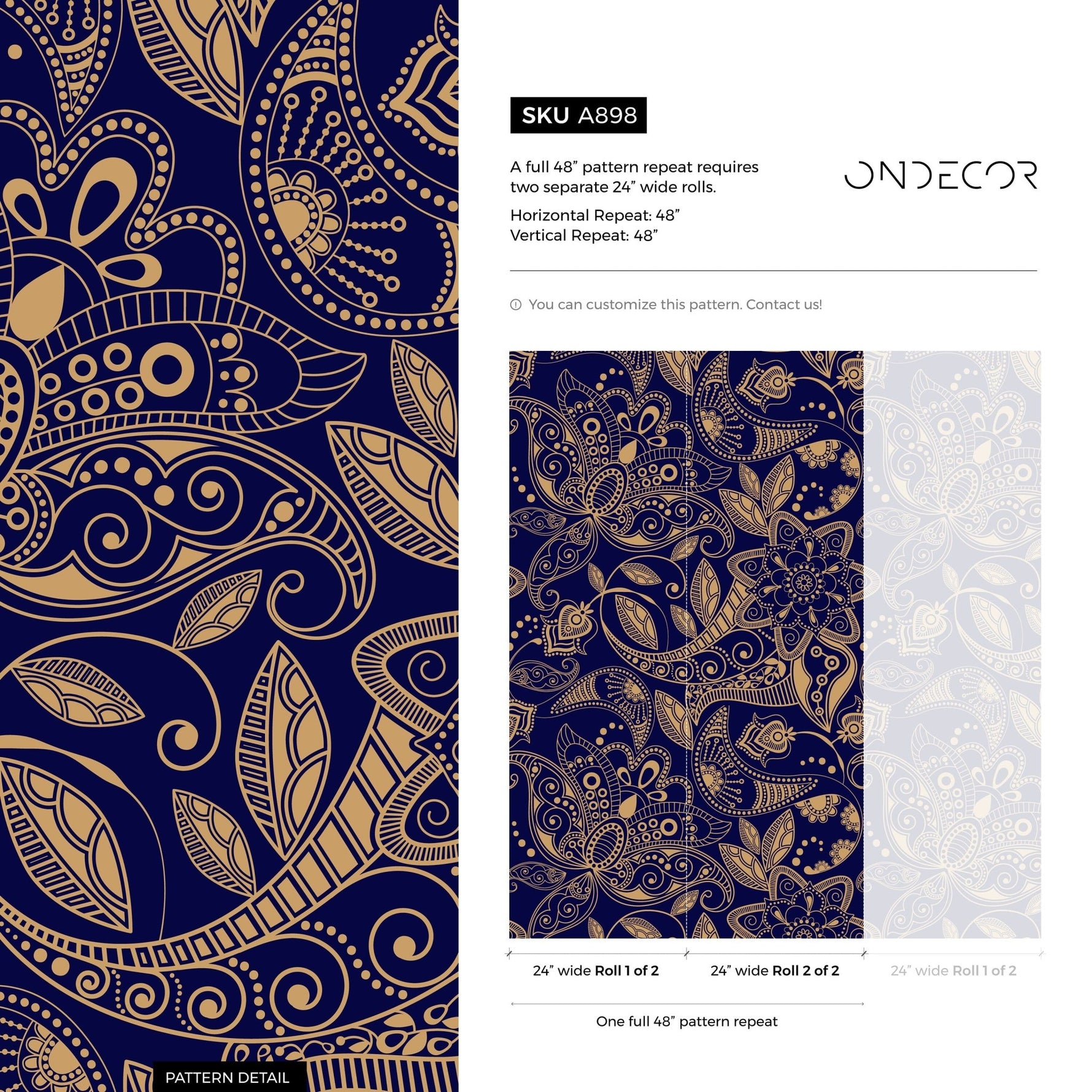 Navy and Gold Paisley Wallpaper - A898 - WallTrend