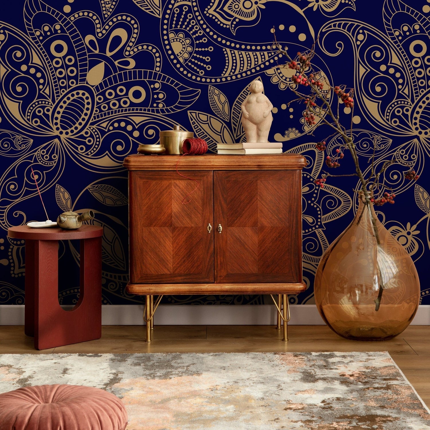 Navy and Gold Paisley Wallpaper - A898 - WallTrend