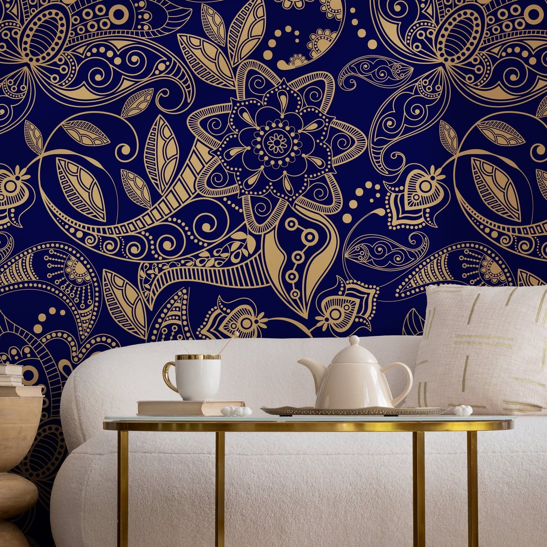 Navy and Gold Paisley Wallpaper - A898 - WallTrend