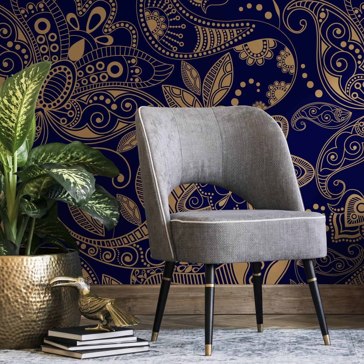 Navy and Gold Paisley Wallpaper - A898 - WallTrend