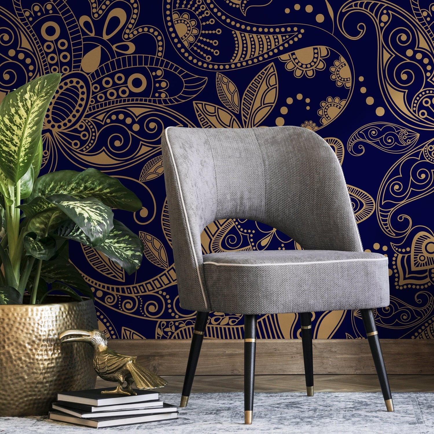 Navy and Gold Paisley Wallpaper - A898 - WallTrend