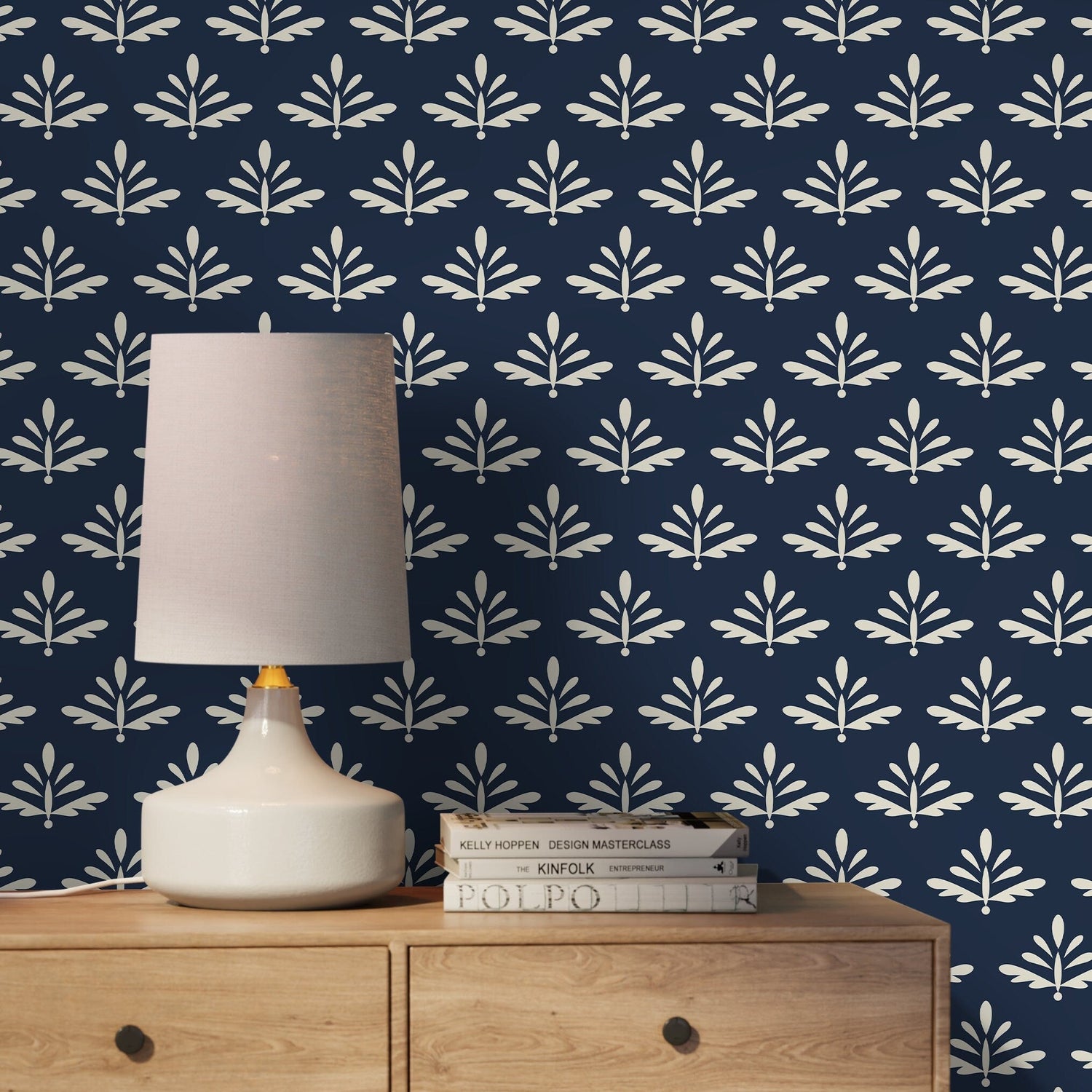 Navy Leaf Pattern Wallpaper - A874 - WallTrend