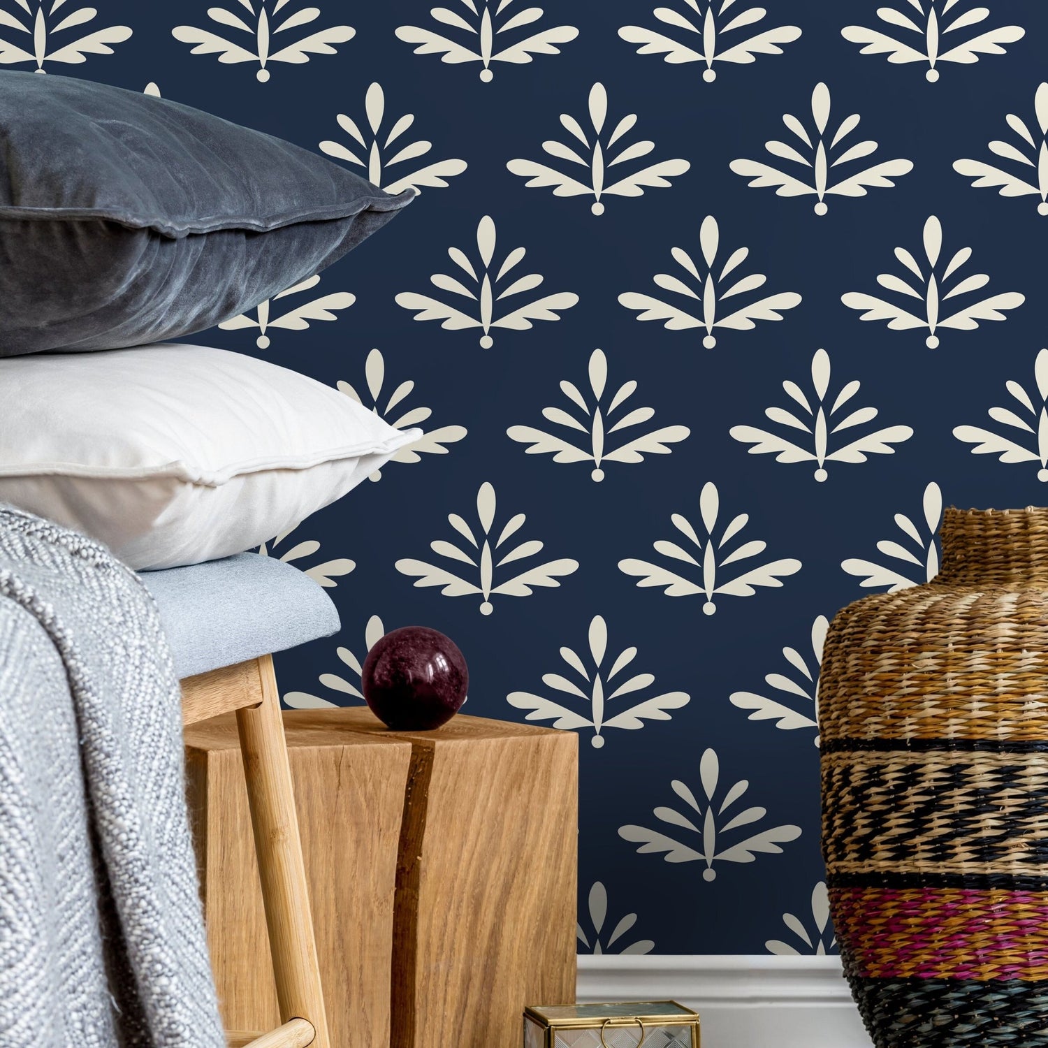 Navy Leaf Pattern Wallpaper - A874 - WallTrend