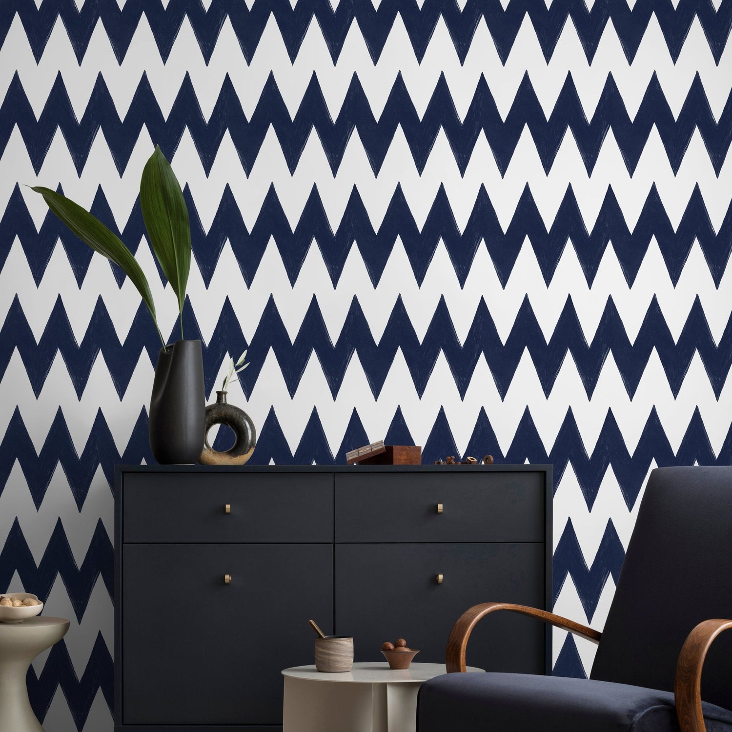 Navy Zigzag Pattern Wallpaper - C950 - WallTrend