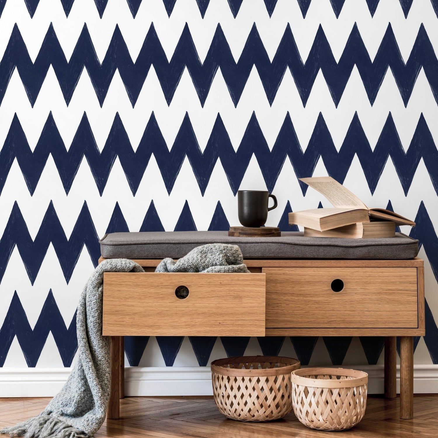 Navy Zigzag Pattern Wallpaper - C950 - WallTrend
