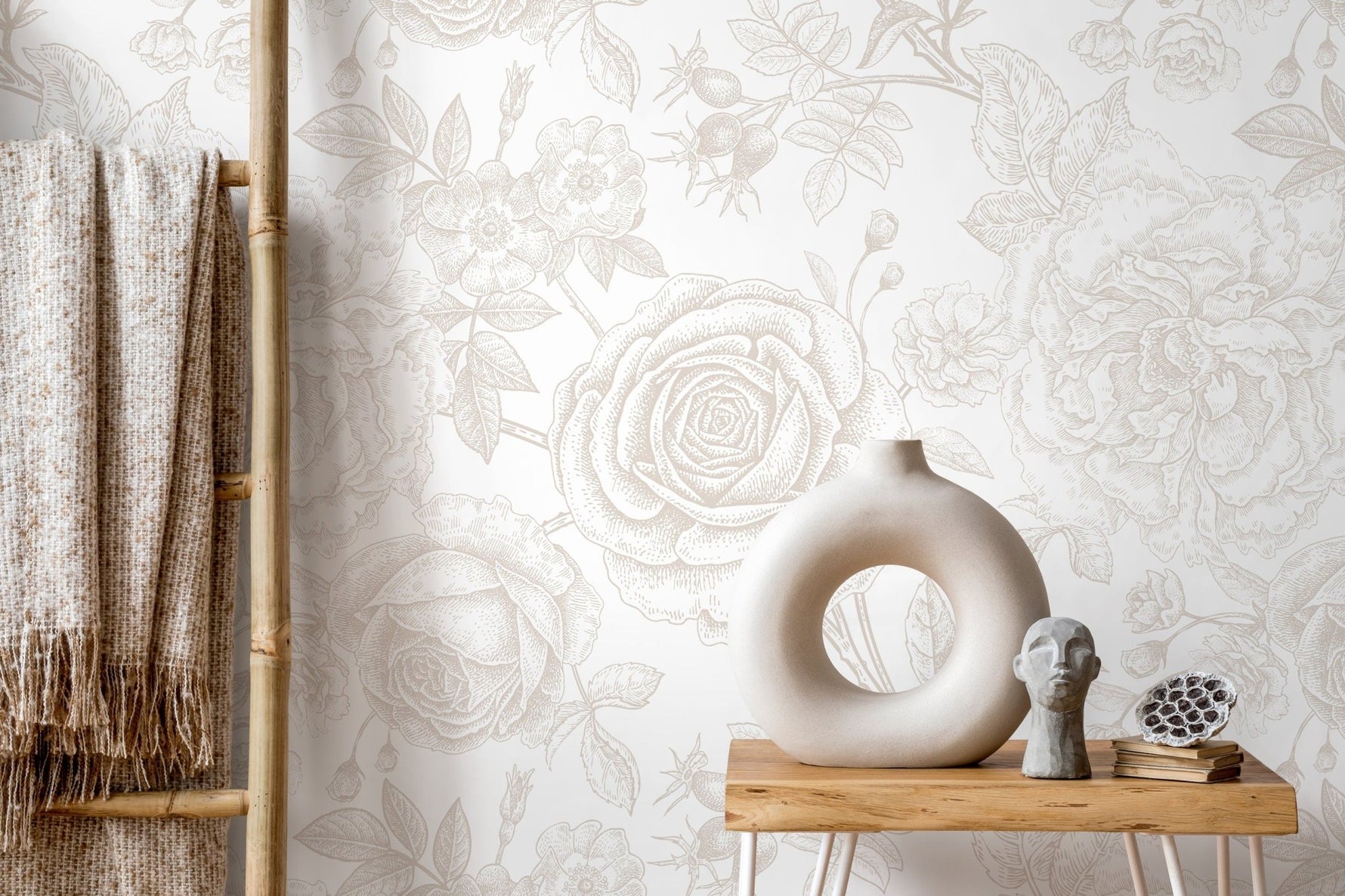 Neutral Boho Roses Wallpaper Boho Peony Wallpaper Peel and Stick Removable Repositionable Burnt Orange Minimalistic - ZACY - WallTrend