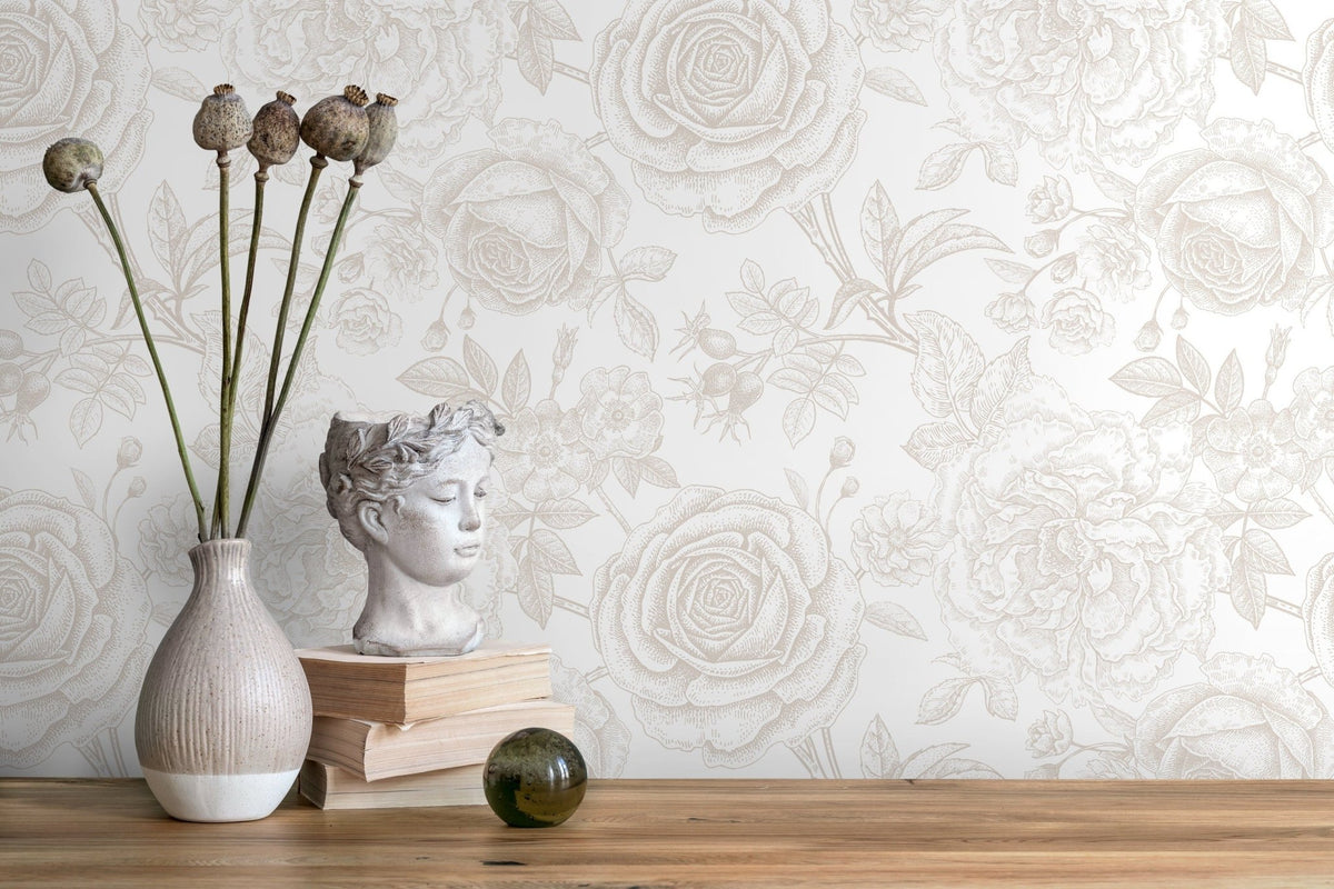Neutral Boho Roses Wallpaper Boho Peony Wallpaper Peel and Stick Removable Repositionable Burnt Orange Minimalistic - ZACY - WallTrend