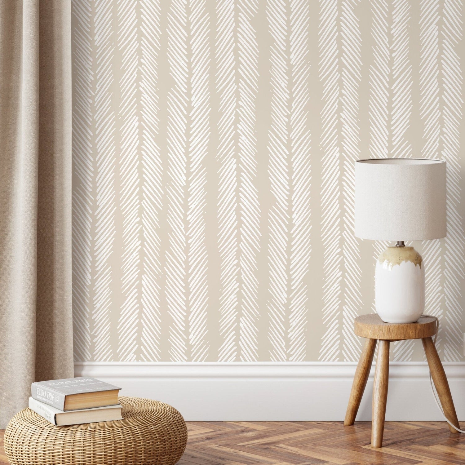 Neutral Herringbone Wallpaper Boho Wallpaper Peel and Stick and Traditional Wallpaper - D790 - WallTrend