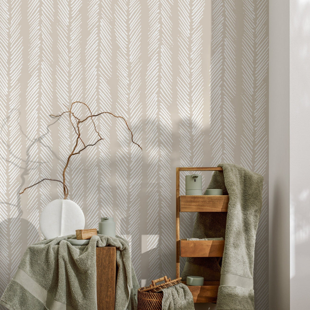 Neutral Herringbone Wallpaper Boho Wallpaper Peel and Stick and Traditional Wallpaper - D790 - WallTrend