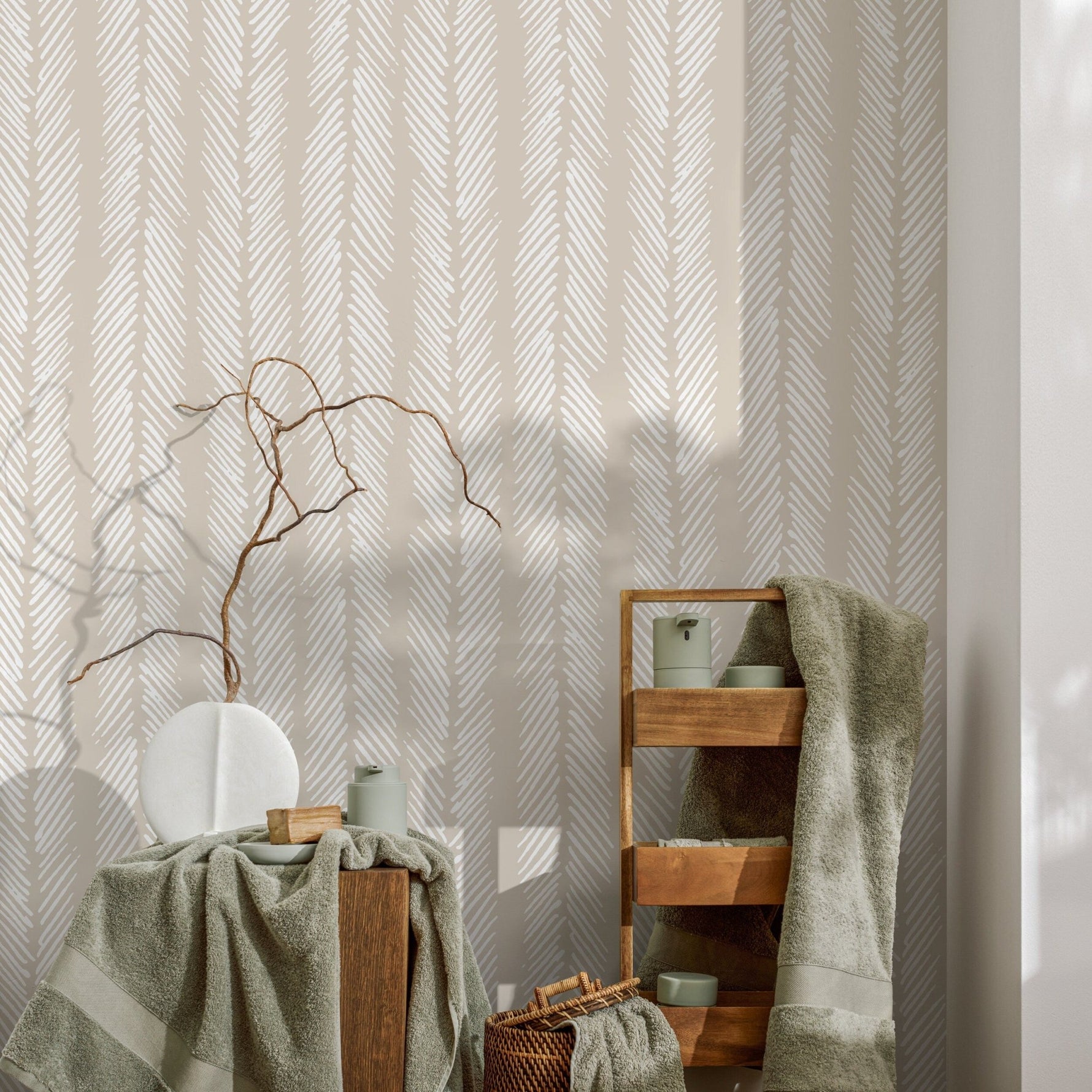 Neutral Herringbone Wallpaper Boho Wallpaper Peel and Stick and Traditional Wallpaper - D790 - WallTrend