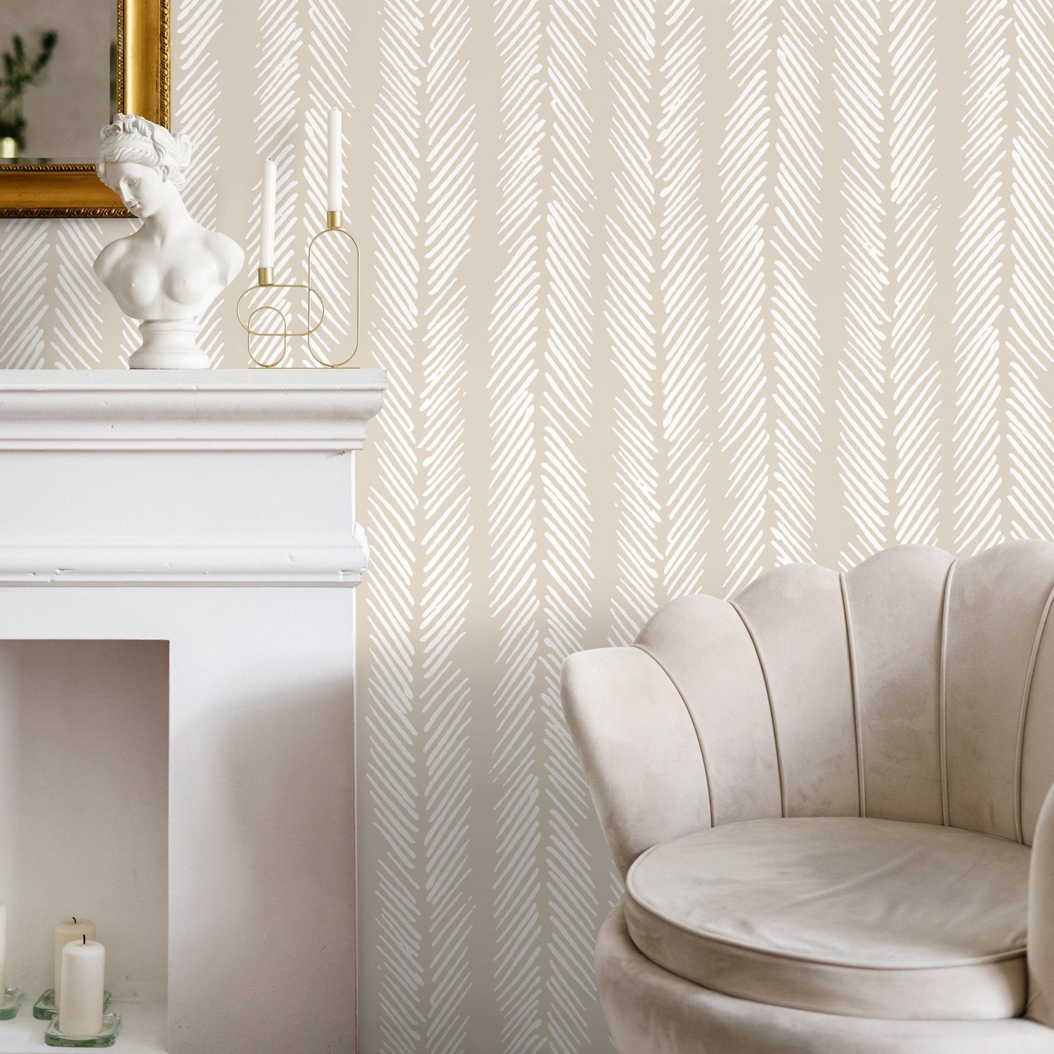 Neutral Herringbone Wallpaper Boho Wallpaper Peel and Stick and Traditional Wallpaper - D790 - WallTrend